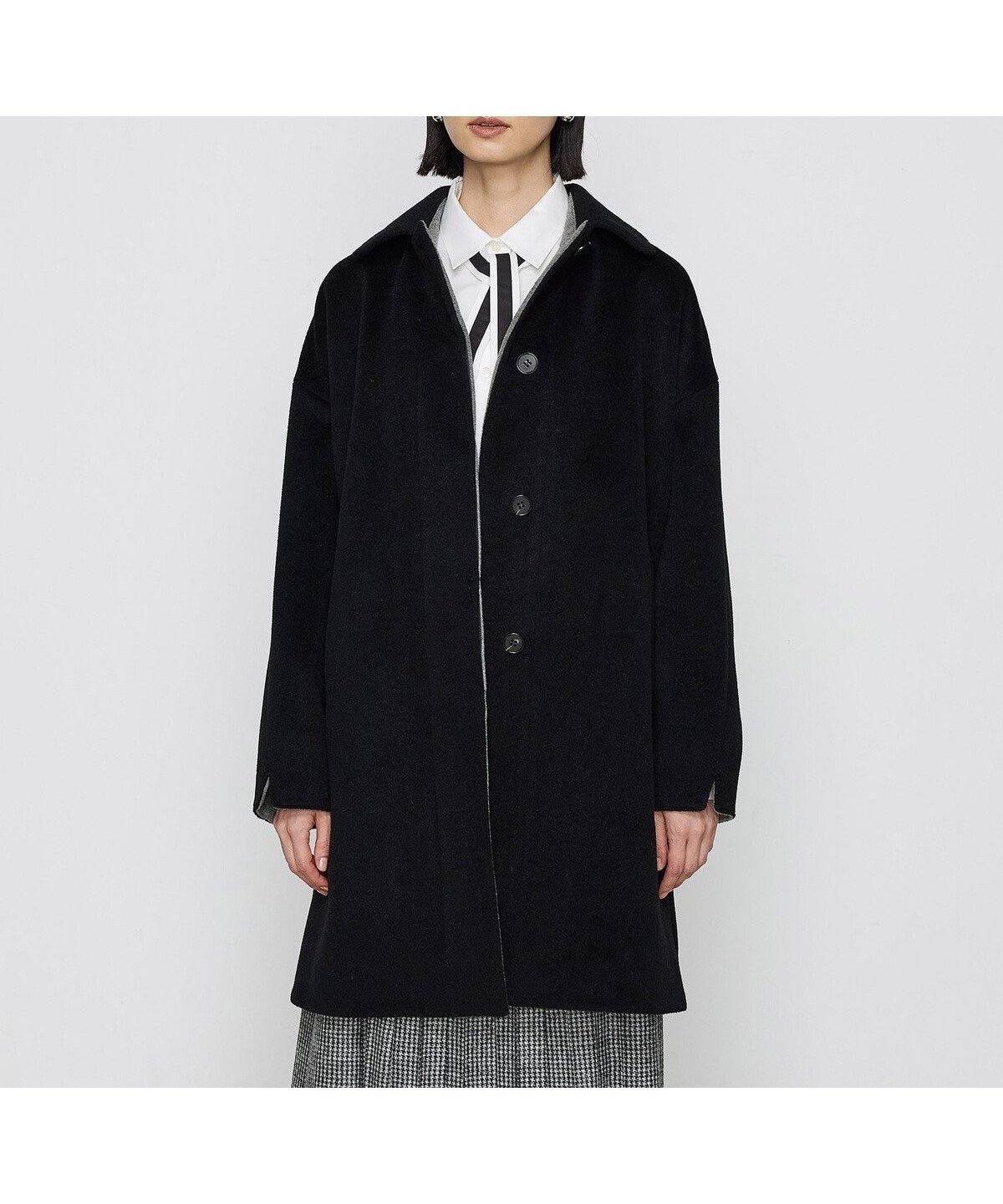 【コムサ/COMME CA】のアンゴラウール スタンドステンカラーコート インテリア・キッズ・メンズ・レディースファッション・服の通販 founy(ファニー) 　ファッション　Fashion　レディースファッション　Fashion for Women　アウター　Coat / Outerwear Collection　コート・ロングコート・ピーコート　Long Coats, Peacoats & More　アンゴラ　Angora Knitwear　ショルダー　Shoulder, Shoulder Strap　スタンド　Stand Collar, Upright Stand　スリット　Slit, Slit Detail　ドレープ　Drape, Draping Fabric　ドロップ　Drop Shoulder, Dropped Style　定番　Standard, Basic Item　エレガント 上品　Elegant　05:ブラック×チャコール|ID: prp329100004816542 ipo3291000000034985242