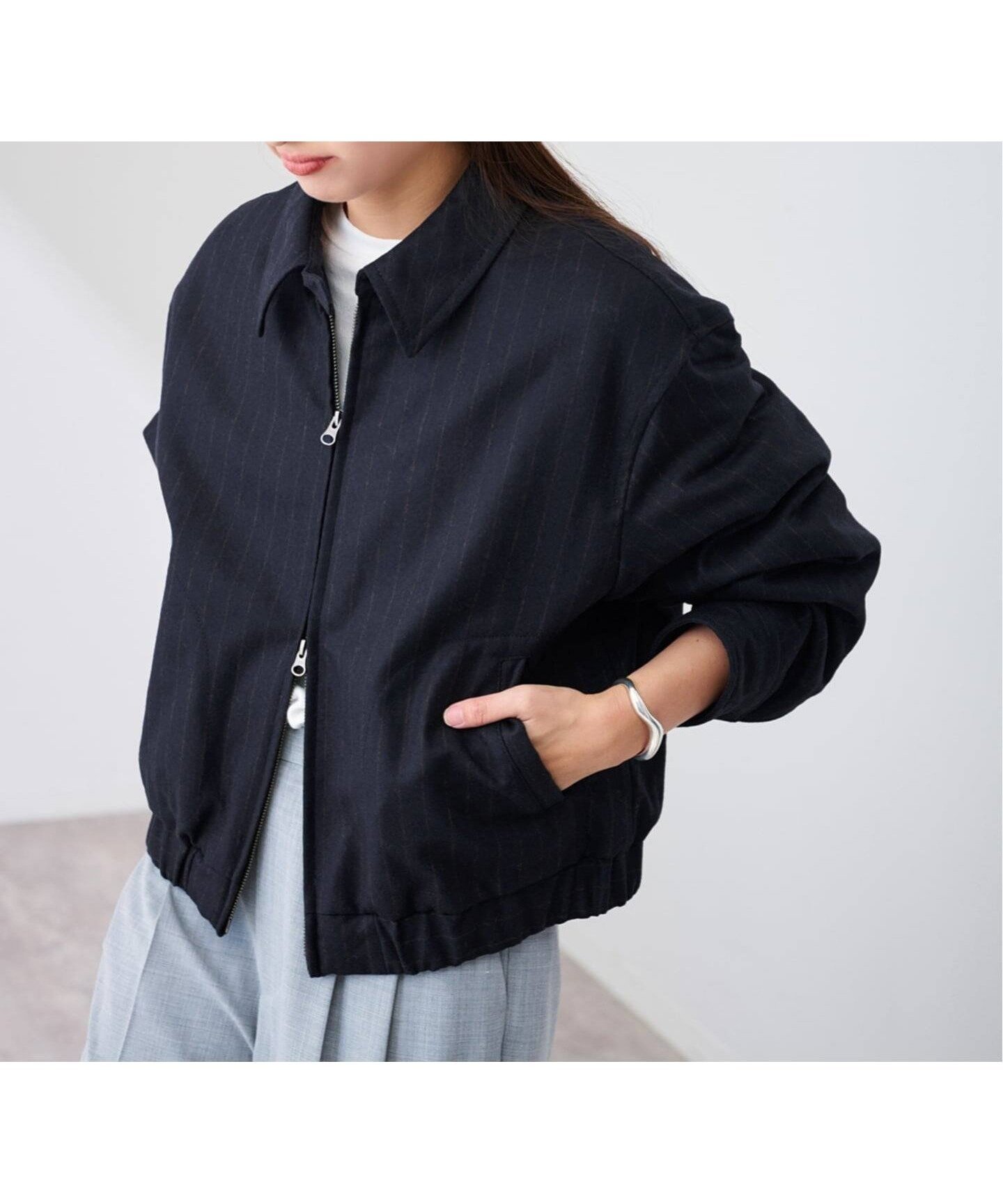 【フレームワーク/FRAMeWORK】のWOOL-STRIPEスィングトップブルゾン インテリア・キッズ・メンズ・レディースファッション・服の通販 founy(ファニー) 　ファッション　Fashion　レディースファッション　Fashion for Women　アウター　Coat / Outerwear Collection　ブルゾンジャケット・スポーティアウター　Blouson Jackets　おすすめ　Recommended / Our Picks　キュプラ　Cupro, Eco Fabric　バランス　Balance, Style Balance　エレガント 上品　Elegant　ネイビー|ID: prp329100004816544 ipo3291000000034985259