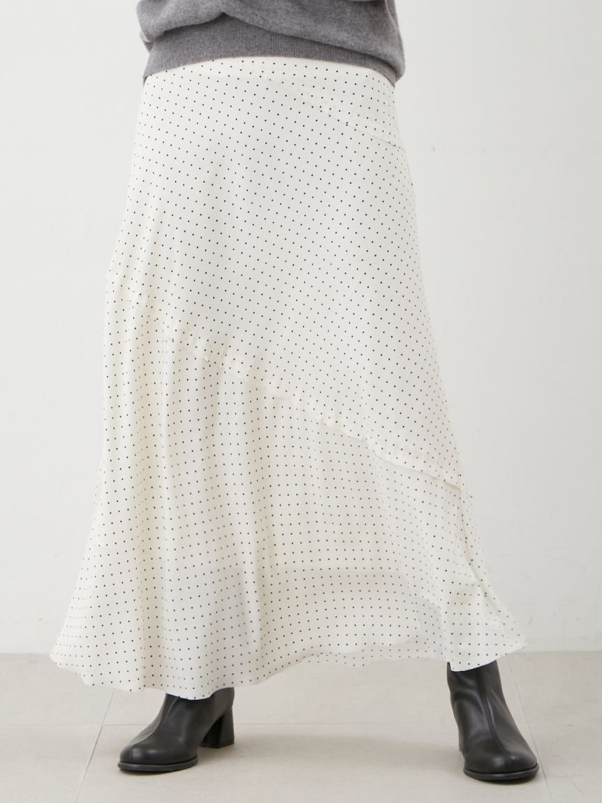 【ミラオーウェン/Mila Owen】のドットプリントスパイラルナロースカート インテリア・キッズ・メンズ・レディースファッション・服の通販 founy(ファニー) 　雑誌掲載アイテム　Magazine Picks & Fashion Features　ファッション雑誌　Fashion Magazines　ストーリィ　STORY　ファッション　Fashion　レディースファッション　Fashion for Women　スカート　Skirts　ヴィンテージ　Vintage Style　秋　Autumn　カットオフ　Cut-Off Design　10月号　October Issue　サテン　Satin, Glossy Fabric　シンプル　Simple, Minimal　ストレッチ　Stretch, Stretchy Fabric　スマート　Smart, Elegant　雑誌　Magazine, Fashion Magazine　ドット　Polka Dot, Dot Pattern　定番　Standard, Basic Item　人気　Popular, Best Seller　バイアス　Bias, Diagonal Cut　フレア　Flare, Flared　プリント　Print, Printed Pattern　水玉　Polka Dot, Dot Pattern　エレガント 上品　Elegant　IVR[003]|ID: prp329100004816671 ipo3291000000034986248