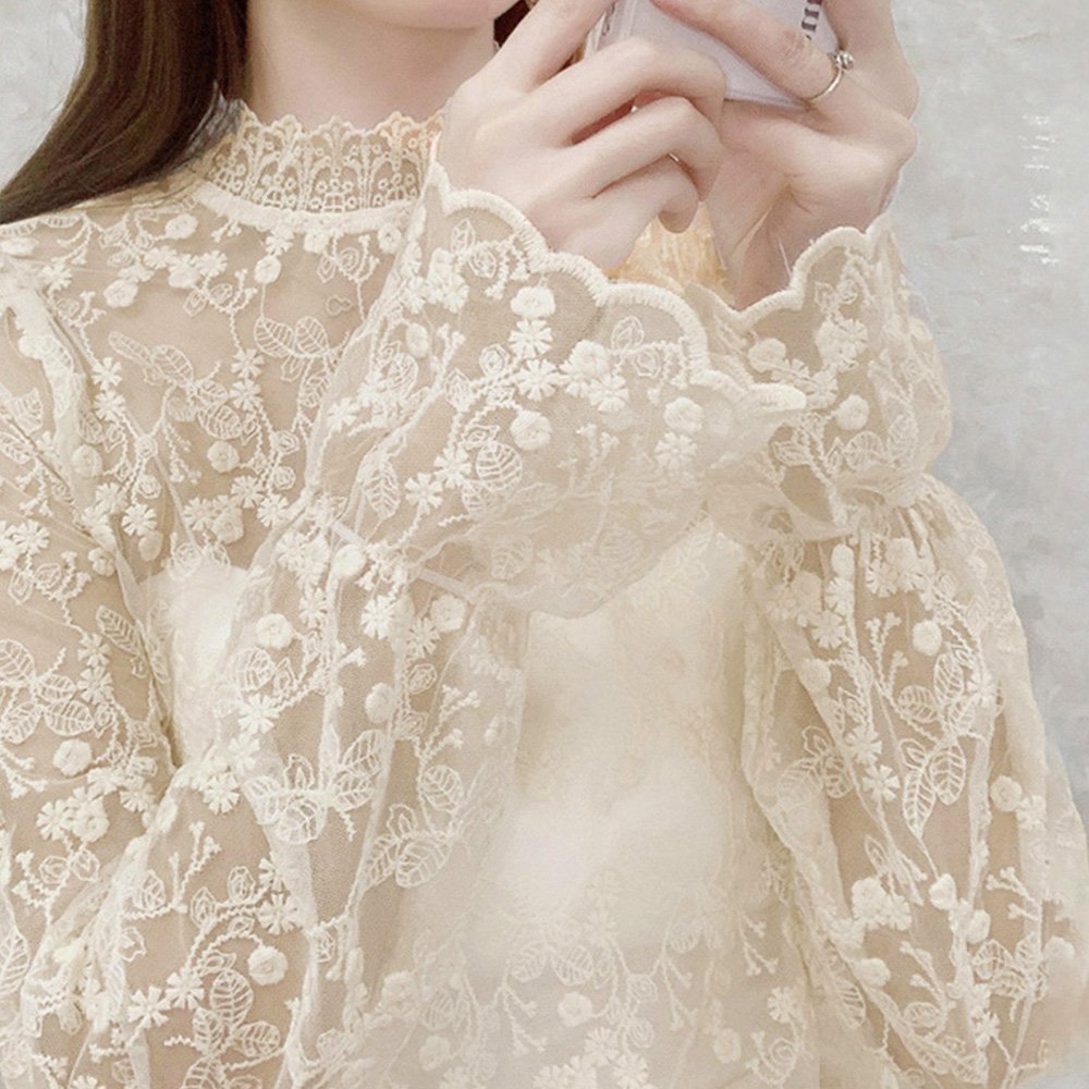 【ミニミニストア/miniministore】の花柄刺しゅうレースブラウス長袖レディース インテリア・キッズ・メンズ・レディースファッション・服の通販 founy(ファニー) 　ファッション　Fashion　レディースファッション　Fashion for Women　トップス・カットソー　Cut & Sew Tops　シャツ・ブラウス・オフィスカジュアル　Elegant Blouses & Button-Ups　花柄・フラワープリント・モチーフ　Floral Prints & Motifs / Flower Pattern Tops　インナー　Innerwear　カーディガン　Cardigan, Knitwear　キャミソール　Camisole, Spaghetti Strap Top　セーター　Sweater, Knitwear　ハイネック　High Neck, Mock Neck　フェミニン　Feminine, Girly　レース　Lace, Lace Fabric　長袖　Long Sleeve, Full Sleeve　ベージュ|ID: prp329100004816756 ipo3291000000034987045