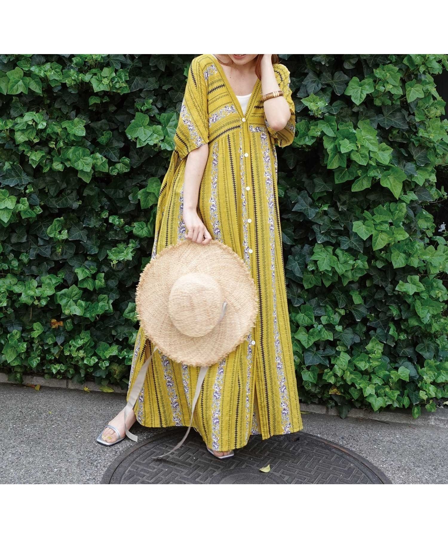 【コーナーズ/CORNERS】の3way花柄ストライプVネックワンピース インテリア・キッズ・メンズ・レディースファッション・服の通販 founy(ファニー) 　ファッション　Fashion　レディースファッション　Fashion for Women　ワンピース　Dresses　インナー　Innerwear　オリエンタル　Oriental Pattern　シンプル　Simple, Minimal　ストライプ　Stripe, Striped Pattern　デニム　Denim, Jeans Material　バランス　Balance, Style Balance　プリント　Print, Printed Pattern　ホリデーシーズン　Holiday Season　ロング　Long, Long-Length　マスタード|ID: prp329100004816799 ipo3291000000034987468