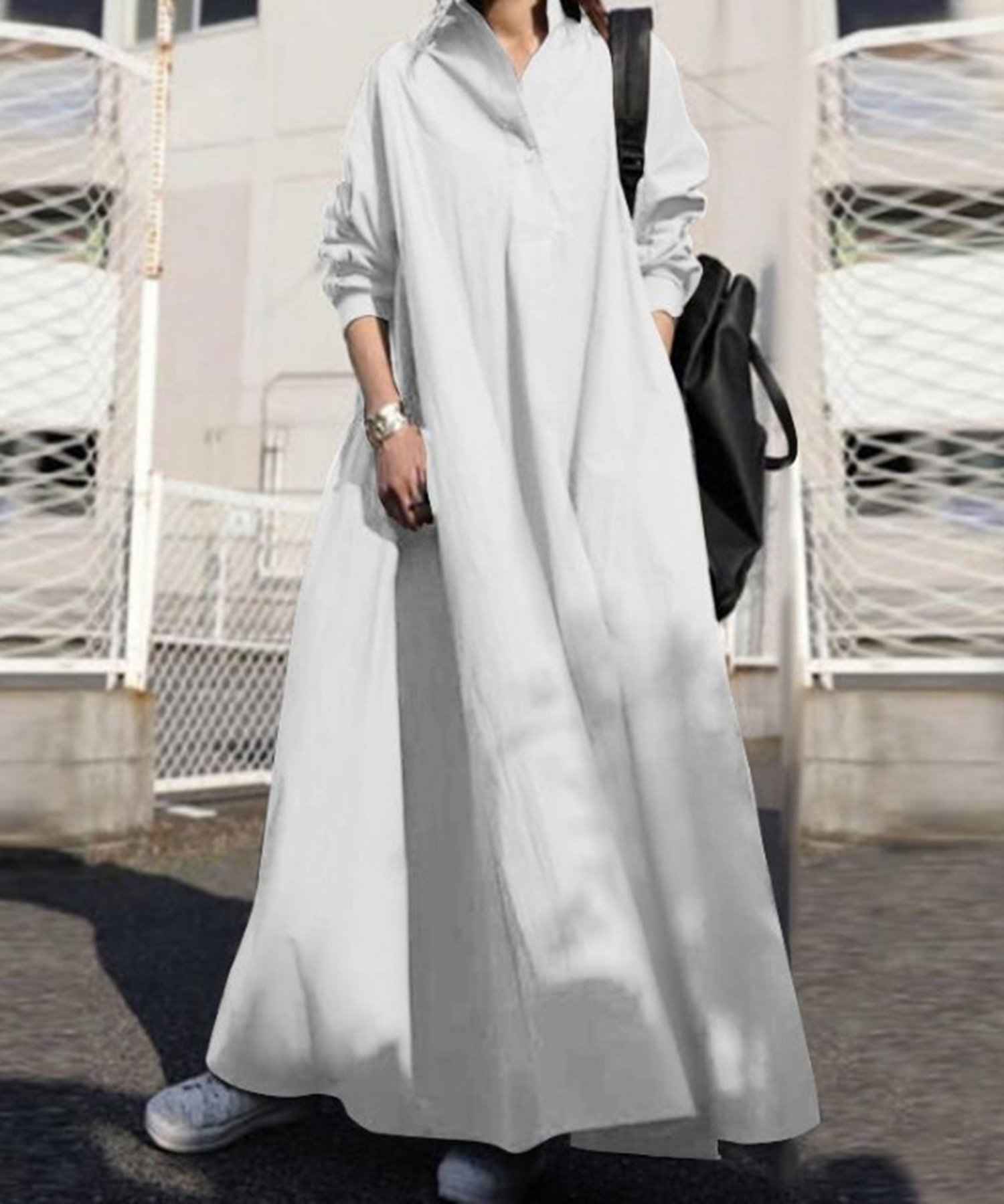 【セットアップセブン/SETUP7】のSETUP7/ロング丈フレアスキッパーフレアシャツワンピース 体形カバー 長袖 インテリア・キッズ・メンズ・レディースファッション・服の通販 founy(ファニー) 　ファッション　Fashion　レディースファッション　Fashion for Women　ワンピース　Dresses　シャツワンピース / 1枚で着映えコーデ　Shirt Dresses　アンダー　Underwear Essentials　コンパクト　Compact, Small Size　ショート　Short, Short Length　シンプル　Simple, Minimal　スウェット / スエット　Sweatshirt, Sweatwear　スキッパー　Skipper, Open Collar　ストライプ　Stripe, Striped Pattern　スポーツ　Sports, Activewear　セットアップ　Set-Up, Coordinated Outfit　トレンド　Trend, Trending Now　長袖　Long Sleeve, Full Sleeve　バランス　Balance, Style Balance　ベスト　Vest, Waistcoat　ミックス　Mix, Mixed Style　リラックス　Relax, Relaxed Fit　レギンス　Leggings, Stretch Pants　ロング　Long, Long-Length　ワーク　Workwear, Utility Style　再入荷　Restock / Back in Stock　WHT|ID: prp329100004816802 ipo3291000000034987492