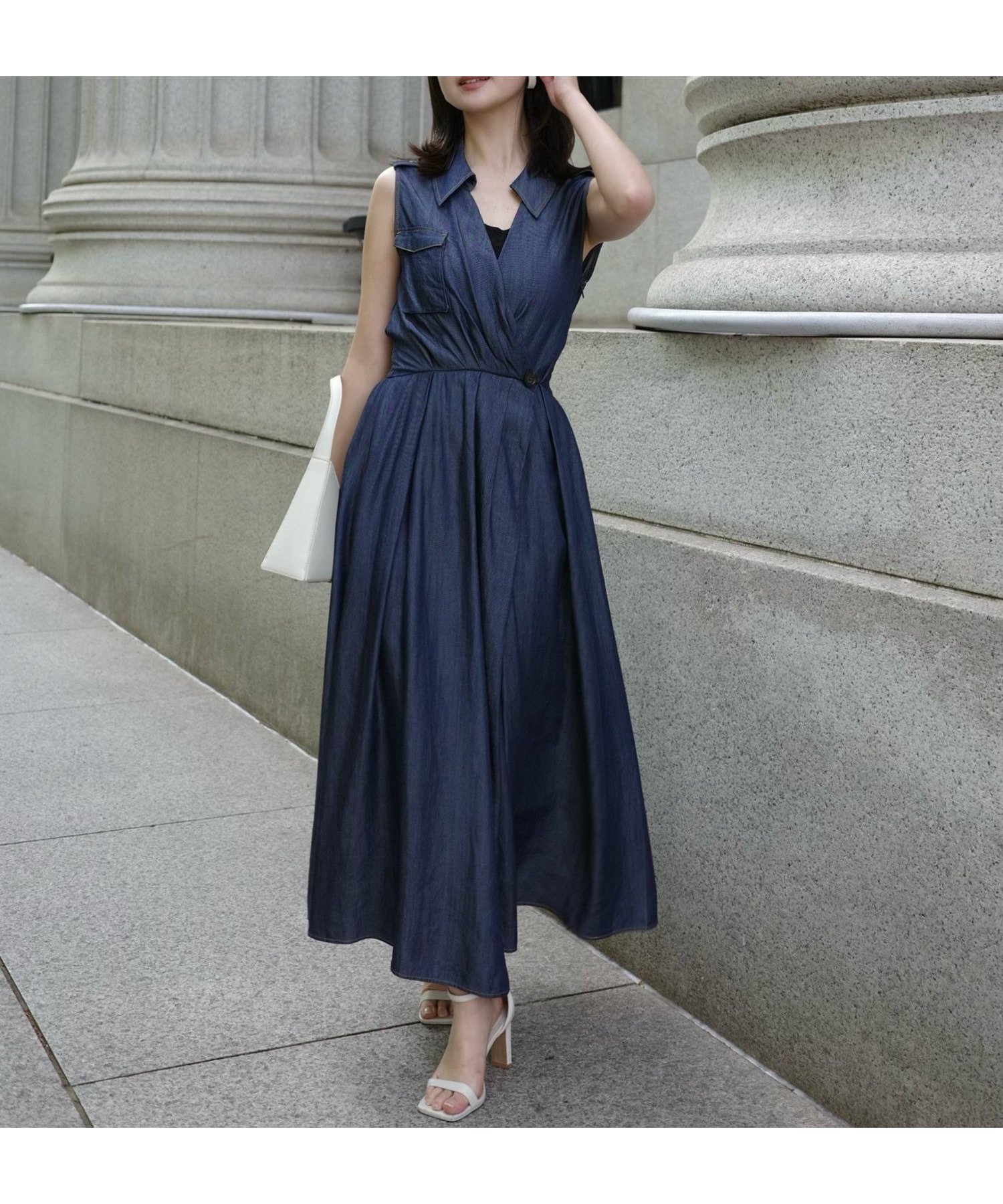 【アニュアンス/anuans】のノースリーブトレンチディティールワンピース インテリア・キッズ・メンズ・レディースファッション・服の通販 founy(ファニー) 　ファッション　Fashion　レディースファッション　Fashion for Women　ワンピース　Dresses　カシュクール　Wrap Design　デニム　Denim, Jeans Material　ノースリーブ　Sleeveless, No-Sleeve　夏　Summer　NAVY|ID: prp329100004816879 ipo3291000000034988138