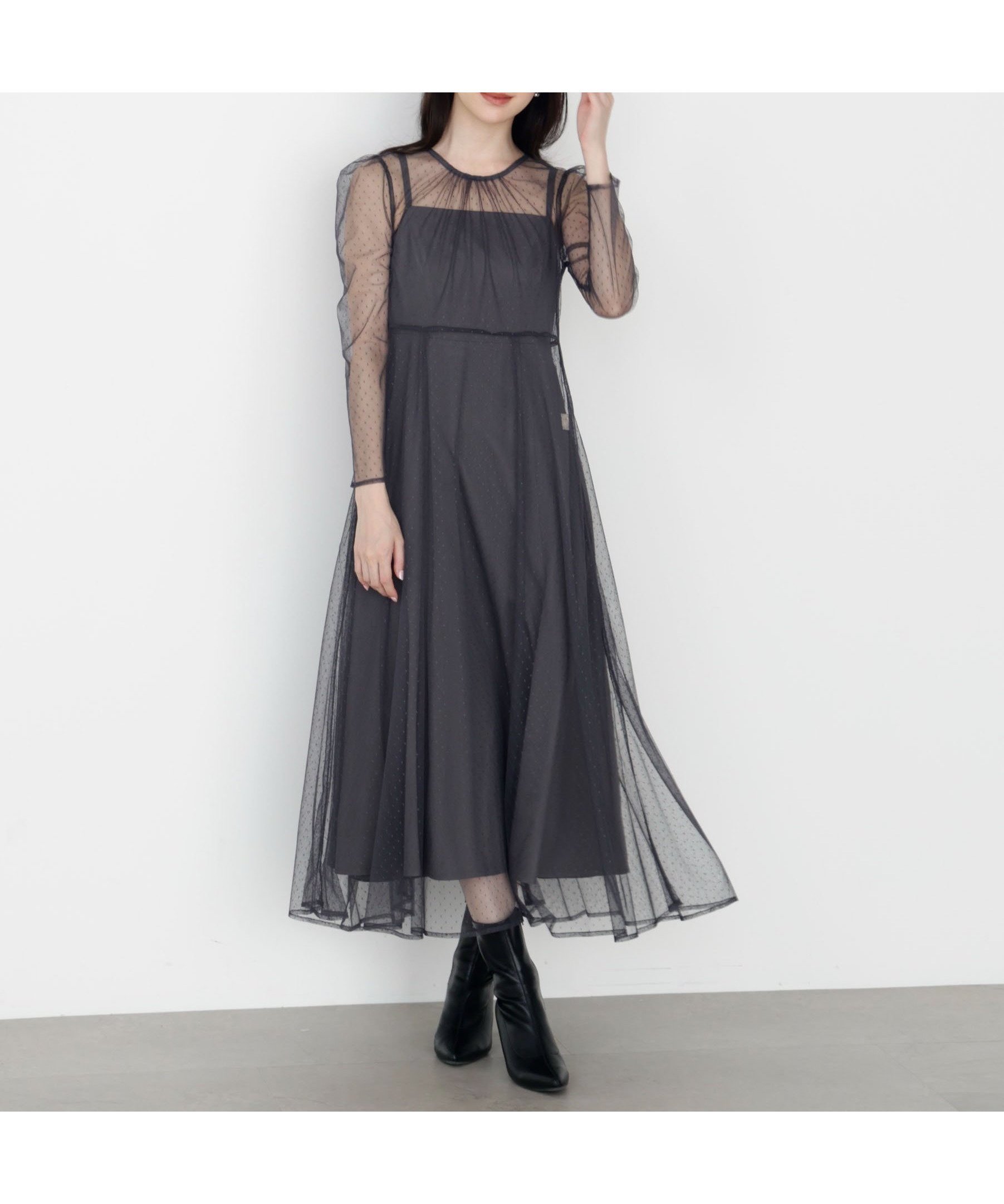【プロポーション ボディドレッシング/PROPORTION BODY DRESSING】の藤田みりあさんコラボ キャミ付きチュールワンピース 25AW インテリア・キッズ・メンズ・レディースファッション・服の通販 founy(ファニー) 　ファッション　Fashion　レディースファッション　Fashion for Women　ワンピース　Dresses　2025年　2025　2025-2026秋冬・A/W　Autumn/Winter 2025–26 AW25–26　カーディガン　Cardigan, Knitwear　キャミ　Camisole, Cami Top　キャミワンピース　Cami Dress, Slip Dress　コラボ　Collaboration, Collab　シャーリング　Shirring, Ruched　ジャケット　Jacket, Outerwear　チュール　Tulip, Tulip Motif　デニム　Denim, Jeans Material　ドット　Polka Dot, Dot Pattern　フィット　Fit, Slim Fit　リボン　Ribbon, Bow　無地　Plain, Solid Color　チャコール2|ID: prp329100004816895 ipo3291000000034988288