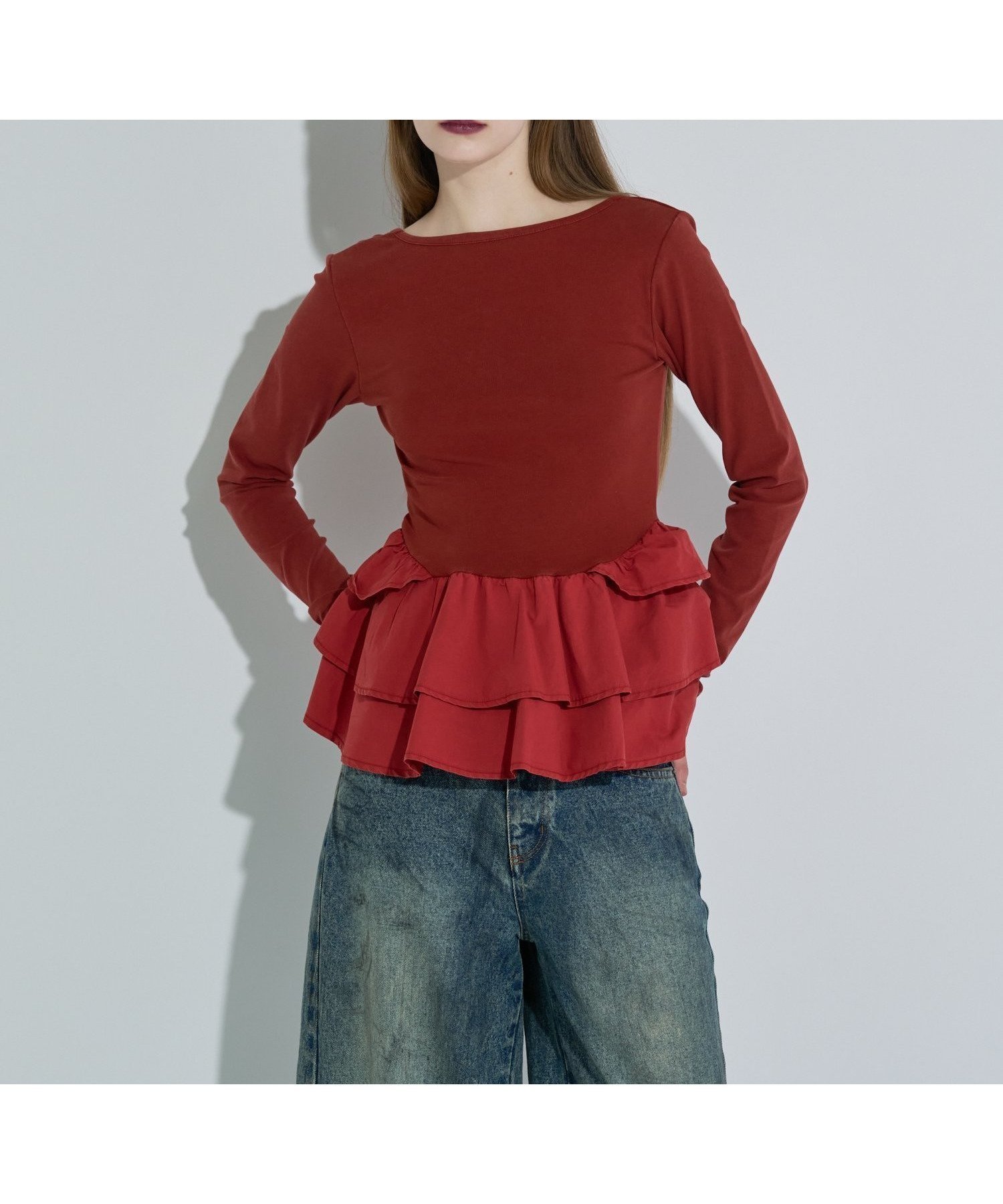 【アナスイ/ANNA SUI】のペプラムテレコトップス インテリア・キッズ・メンズ・レディースファッション・服の通販 founy(ファニー) 　ファッション　Fashion　レディースファッション　Fashion for Women　トップス・カットソー　Cut & Sew Tops　ウォッシュ　Washed Finish　カットソー　Cut and Sewn Top　バランス　Balance, Style Balance　フリル　Frill, Ruffle　ペプラム　Peplum, Flared Hem　切替　Switching, Contrast Panel　BROWN|ID: prp329100004817477 ipo3291000000034995551