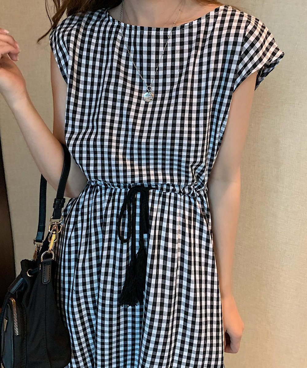 【ミニミニストア/miniministore】のリネンワンピース フレンチスリーブ インテリア・キッズ・メンズ・レディースファッション・服の通販 founy(ファニー) 　ファッション　Fashion　レディースファッション　Fashion for Women　ワンピース　Dresses　オレンジ　Orange　春　Spring　スリーブ　Sleeve, Long Sleeve / Short Sleeve　ドローストリング　Drawstring, Pull Cord　フェミニン　Feminine, Girly　フレンチ　French, French Style　半袖　Short Sleeve, Half Sleeve　リネン　Linen, Linen Fabric　ロング　Long, Long-Length　S/S・春夏　SS, Spring/Summer, Warm Season　夏　Summer　エレガント 上品　Elegant　ブラック(千鳥格柄)|ID: prp329100004817803 ipo3291000000034999997