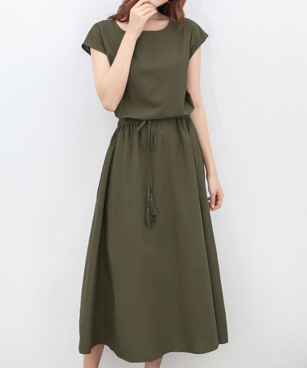 【ミニミニストア/miniministore】のリネンワンピース フレンチスリーブ インテリア・キッズ・メンズ・レディースファッション・服の通販 founy(ファニー) 　ファッション　Fashion　レディースファッション　Fashion for Women　ワンピース　Dresses　オレンジ　Orange　春　Spring　スリーブ　Sleeve, Long Sleeve / Short Sleeve　ドローストリング　Drawstring, Pull Cord　フェミニン　Feminine, Girly　フレンチ　French, French Style　半袖　Short Sleeve, Half Sleeve　リネン　Linen, Linen Fabric　ロング　Long, Long-Length　S/S・春夏　SS, Spring/Summer, Warm Season　夏　Summer　エレガント 上品　Elegant　カーキ|ID: prp329100004817803 ipo3291000000035000001