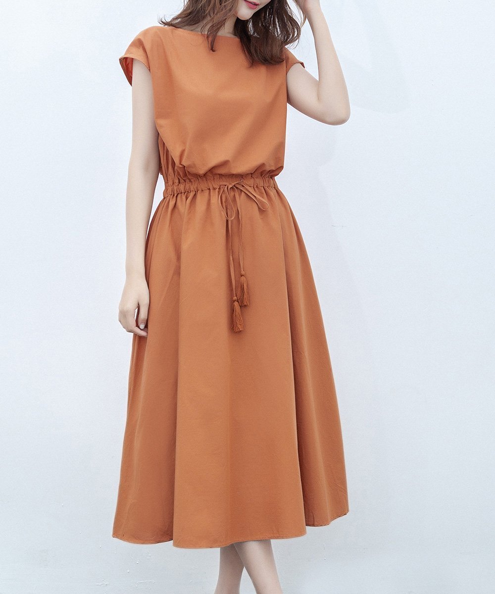 【ミニミニストア/miniministore】のリネンワンピース フレンチスリーブ インテリア・キッズ・メンズ・レディースファッション・服の通販 founy(ファニー) 　ファッション　Fashion　レディースファッション　Fashion for Women　ワンピース　Dresses　オレンジ　Orange　春　Spring　スリーブ　Sleeve, Long Sleeve / Short Sleeve　ドローストリング　Drawstring, Pull Cord　フェミニン　Feminine, Girly　フレンチ　French, French Style　半袖　Short Sleeve, Half Sleeve　リネン　Linen, Linen Fabric　ロング　Long, Long-Length　S/S・春夏　SS, Spring/Summer, Warm Season　夏　Summer　エレガント 上品　Elegant　オレンジ|ID: prp329100004817803 ipo3291000000035000002