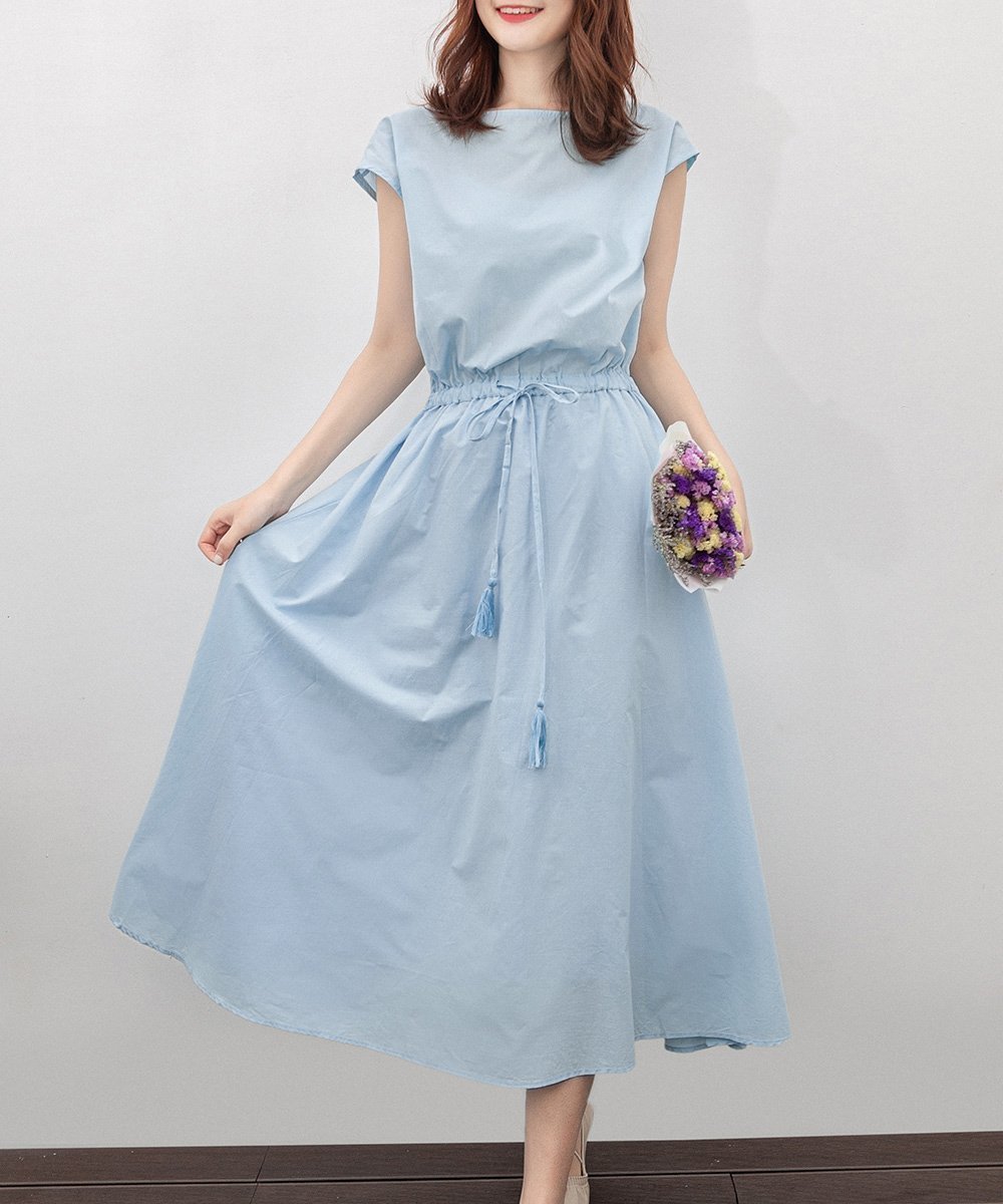 【ミニミニストア/miniministore】のリネンワンピース フレンチスリーブ インテリア・キッズ・メンズ・レディースファッション・服の通販 founy(ファニー) 　ファッション　Fashion　レディースファッション　Fashion for Women　ワンピース　Dresses　オレンジ　Orange　春　Spring　スリーブ　Sleeve, Long Sleeve / Short Sleeve　ドローストリング　Drawstring, Pull Cord　フェミニン　Feminine, Girly　フレンチ　French, French Style　半袖　Short Sleeve, Half Sleeve　リネン　Linen, Linen Fabric　ロング　Long, Long-Length　S/S・春夏　SS, Spring/Summer, Warm Season　夏　Summer　エレガント 上品　Elegant　薄ブルー|ID: prp329100004817803 ipo3291000000035000004