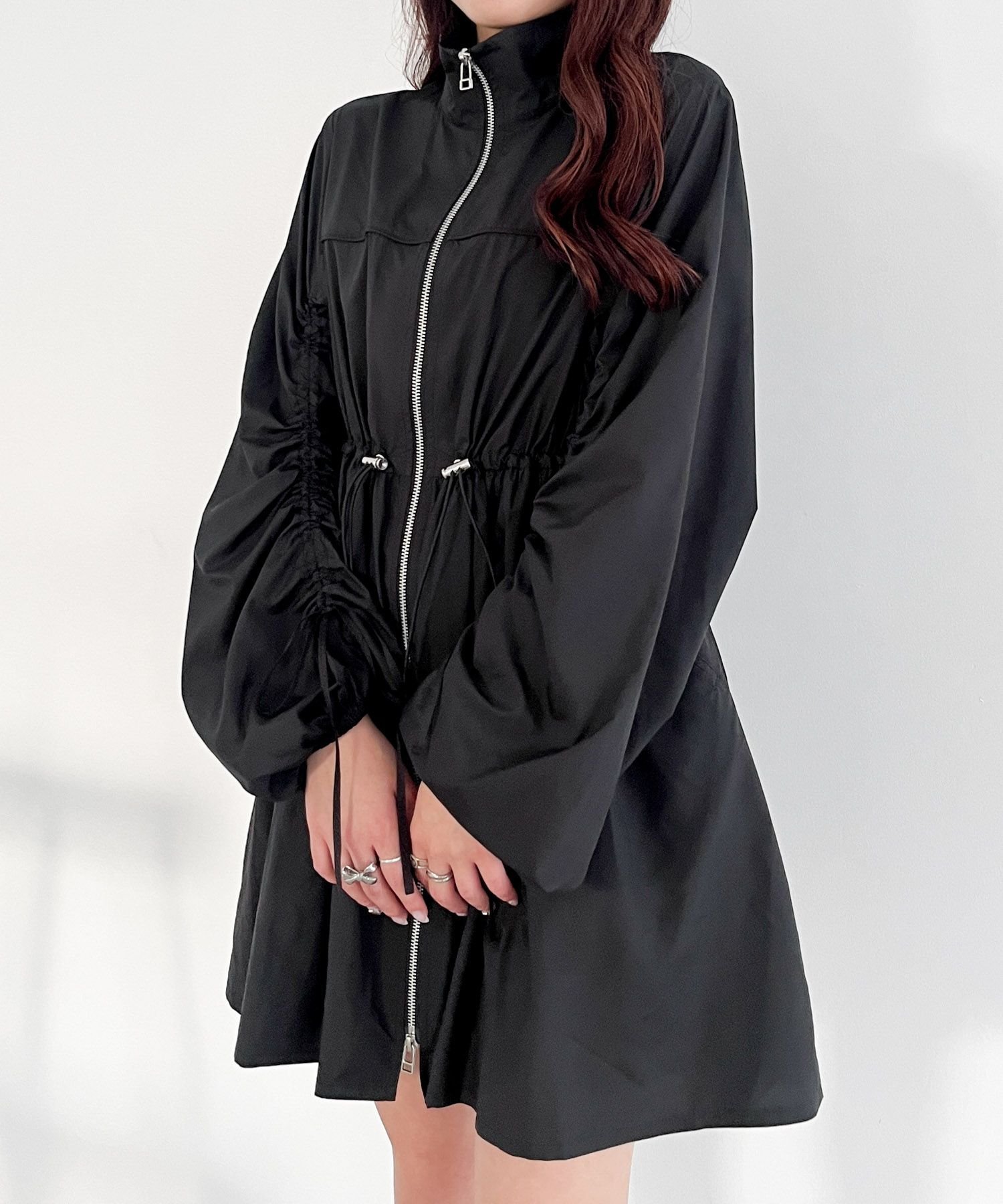 【ヘザー/Heather】のナイロンギャザーミニワンピース インテリア・キッズ・メンズ・レディースファッション・服の通販 founy(ファニー) 　ファッション　Fashion　レディースファッション　Fashion for Women　ワンピース　Dresses　おすすめ　Recommended / Our Picks　パイピング　Piping, Trim Design　ブルゾン　Blouson, Bomber Jacket　ブラック|ID: prp329100004817809 ipo3291000000035000053