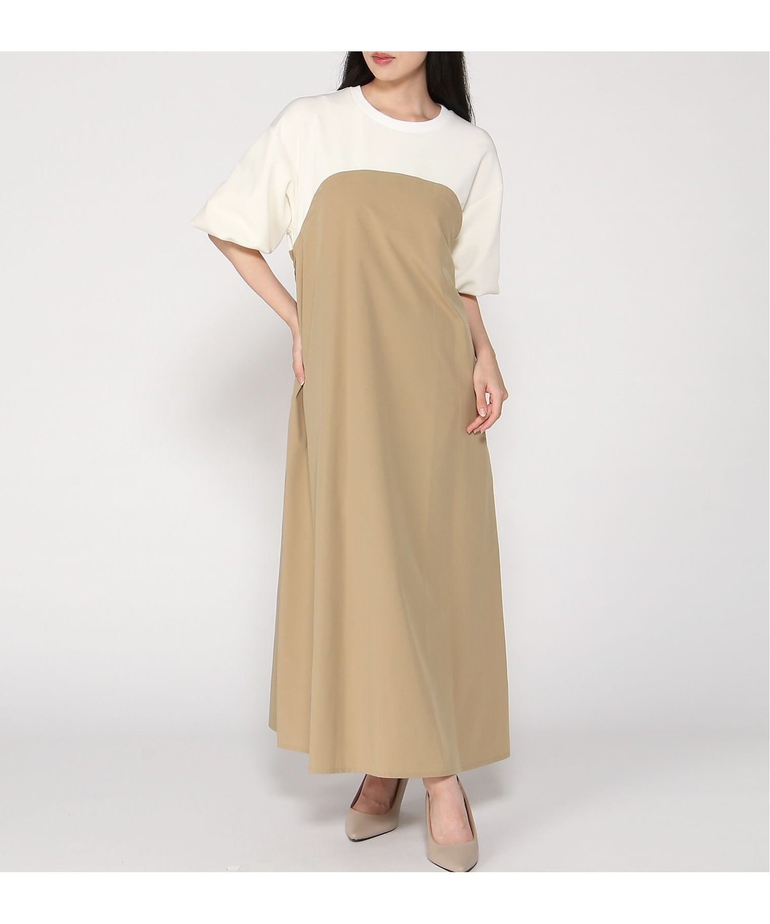 【インタープラネット/INTERPLANET】の【QTUME】ダンボール切替ワンピース インテリア・キッズ・メンズ・レディースファッション・服の通販 founy(ファニー) 　ファッション　Fashion　レディースファッション　Fashion for Women　ワンピース　Dresses　テクスチャー　Texture, Textured Fabric　切替　Switching, Contrast Panel　定番　Standard, Basic Item　配色 ベージュ|ID: prp329100004817814 ipo3291000000035000111