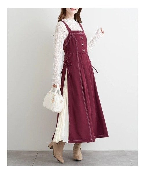 【ルディックパーク/LUDIC PARK】のサイドプリーツジャンパースカート インテリア・キッズ・メンズ・レディースファッション・服の通販 founy(ファニー) 　ファッション　Fashion　レディースファッション　Fashion for Women　スカート　Skirts　インナー　Innerwear　シフォン　Chiffon, Lightweight Fabric　ツイル　Twist, Twisted Detail　パール　Pearl, Pearl Accent　プリーツ　Pleats, Pleated　ポケット　Pocket, Pocket Detail　リボン　Ribbon, Bow　レース　Lace, Lace Fabric　定番　Standard, Basic Item　ワイン|ID: prp329100004817841 ipo3291000000035000712