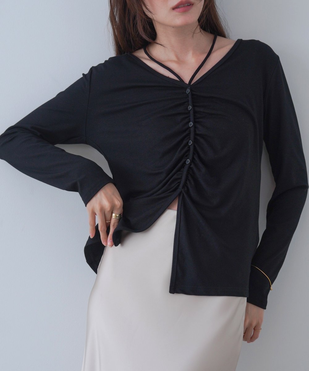 【バブ ブージュルード/Bab Bou Jeloud】のセンターシャーリングカットソー インテリア・キッズ・メンズ・レディースファッション・服の通販 founy(ファニー) 　ファッション　Fashion　レディースファッション　Fashion for Women　トップス・カットソー　Cut & Sew Tops　カットソー・ベーシックTシャツ　Cut-and-Sewn Tops / Stretch Tees & Basics　インナー　Innerwear　カットソー　Cut and Sewn Top　ガーリー　Girly, Feminine Style　クラシカル　Classical, Vintage-Inspired　サテン　Satin, Glossy Fabric　シャーリング　Shirring, Ruched　シンプル　Simple, Minimal　スマート　Smart, Elegant　スラックス　Slacks, Dress Pants　センター　Center, Center Line　チェック　Check, Plaid, Tartan　デニム　Denim, Jeans Material　フェミニン　Feminine, Girly　フロント　Front, Front Design　リボン　Ribbon, Bow　再入荷　Restock / Back in Stock　おすすめ　Recommended / Our Picks　BLACK|ID: prp329100004818283 ipo3291000000035005746