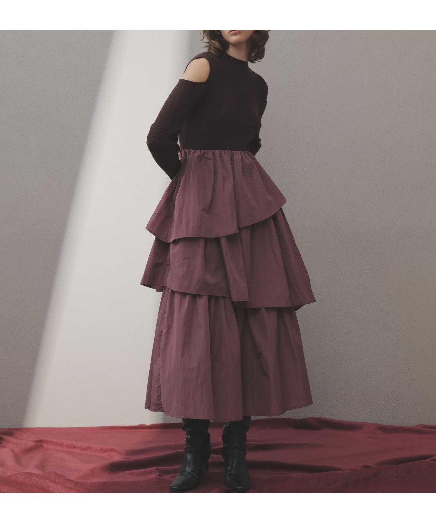 【ノエラ/Noela】のティアードフリルドッキングワンピース インテリア・キッズ・メンズ・レディースファッション・服の通販 founy(ファニー) 　ファッション　Fashion　レディースファッション　Fashion for Women　ワンピース　Dresses　タフタ　Taffeta, Structured Fabric　ポケット　Pocket, Pocket Detail　ボルドー|ID: prp329100004818299 ipo3291000000035005908