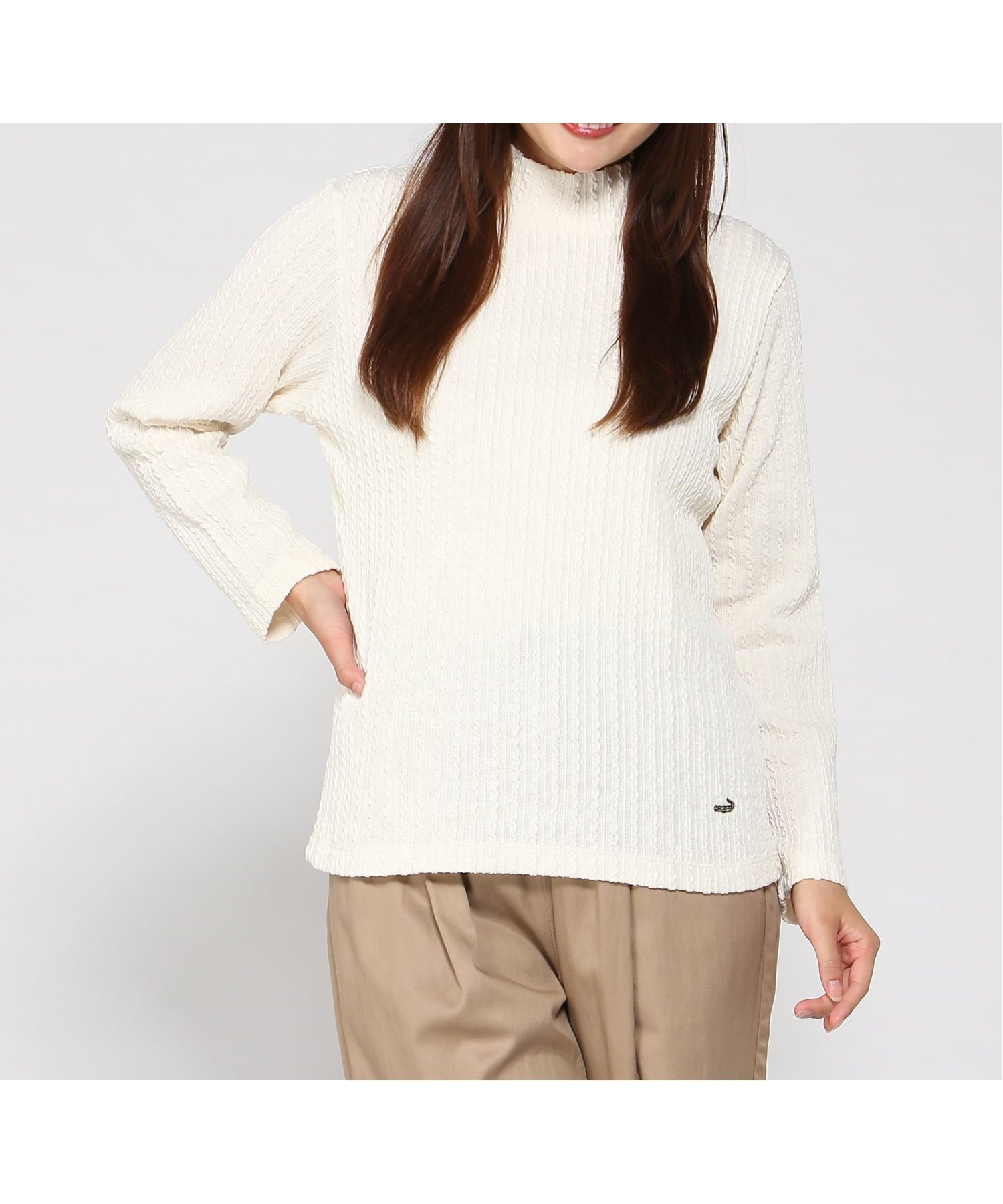 【クロコダイル/CROCODILE】のケーブル柄 ハイネック カットソー インテリア・キッズ・メンズ・レディースファッション・服の通販 founy(ファニー) 　ファッション　Fashion　レディースファッション　Fashion for Women　トップス・カットソー　Cut & Sew Tops　カットソー・ベーシックTシャツ　Cut-and-Sewn Tops / Stretch Tees & Basics　インナー　Innerwear　カットソー　Cut and Sewn Top　ハイネック　High Neck, Mock Neck　人気　Popular, Best Seller　定番　Standard, Basic Item　ホワイト|ID: prp329100004818328 ipo3291000000035006234
