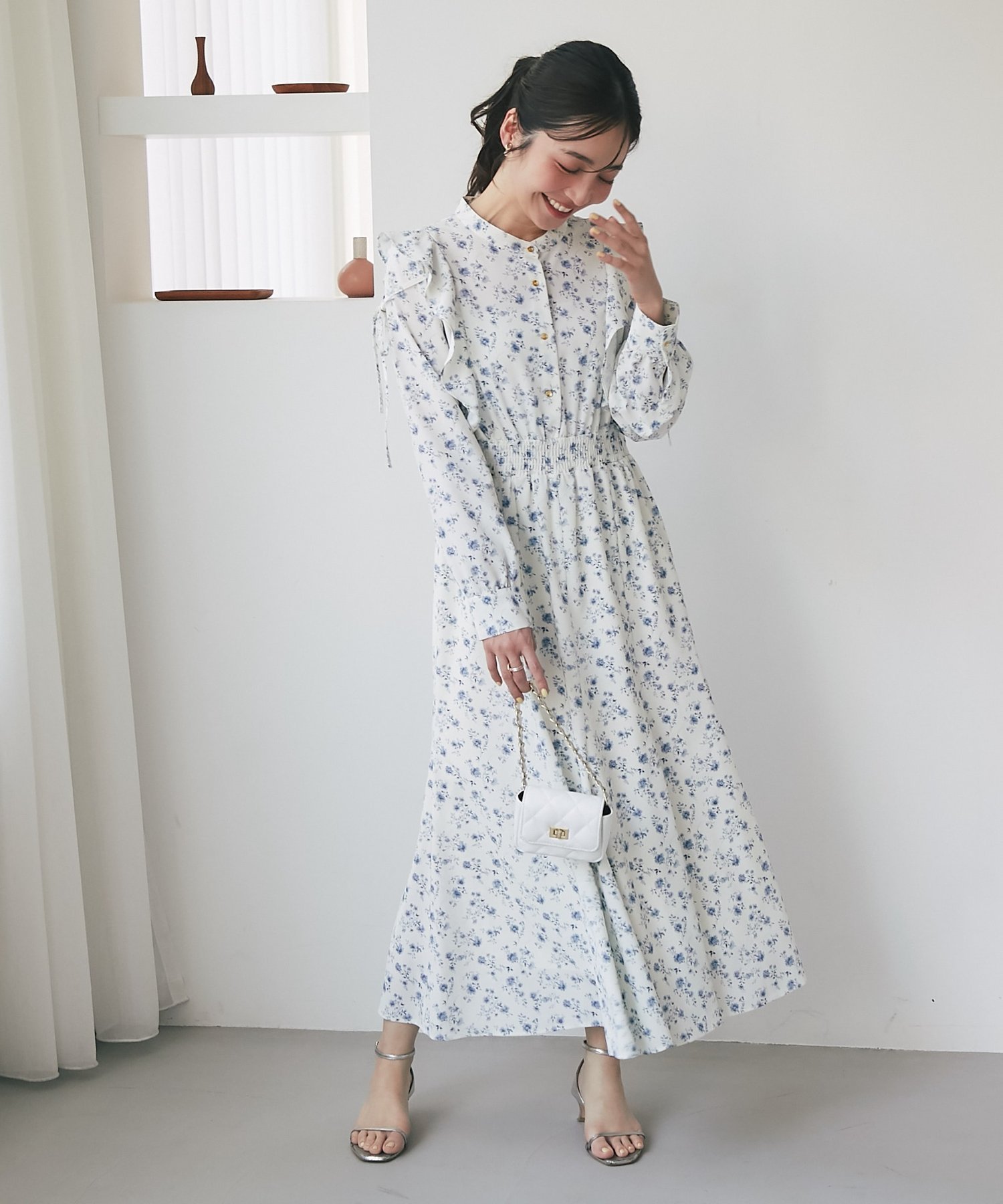 【ラブティックボンボン/La boutique BonBon】の【最強愛されワンピース】小花プリントマーメイドワンピース 人気、トレンドファッション・服の通販 founy(ファニー) 　ファッション　Fashion　レディースファッション　Fashion for Women　ワンピース　Dresses　シャーリング　Shirring, Ruched　スタンド　Stand Collar, Upright Stand　フェミニン　Feminine, Girly　フリル　Frill, Ruffle　ポケット　Pocket, Pocket Detail　リボン　Ribbon, Bow　ロング　Long, Long-Length　エレガント 上品　Elegant　切替　Switching, Contrast Panel　 other-1|ID: prp329100004818330 ipo3291000000035006239