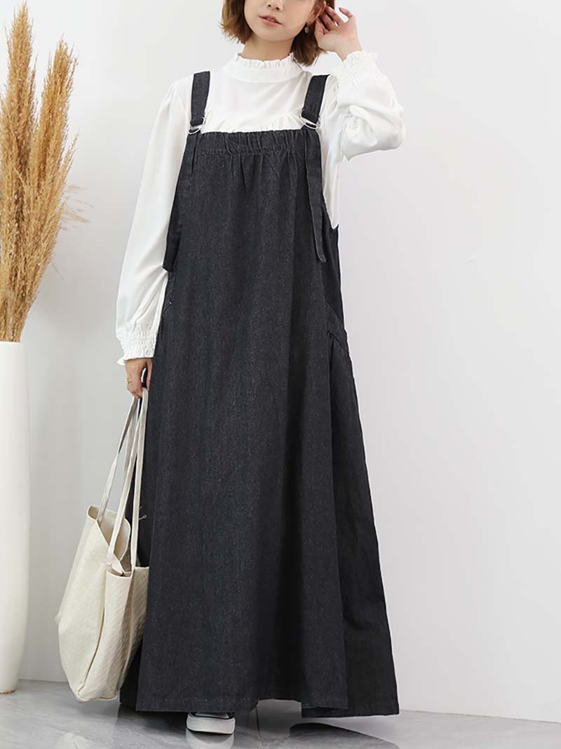 【ドゥーベル/Doux Belle】のジャンパースカート ジャンパーワンピース デニムワンピース インテリア・キッズ・メンズ・レディースファッション・服の通販 founy(ファニー) 　ファッション　Fashion　レディースファッション　Fashion for Women　スカート　Skirts　デニム　Denim, Jeans Material　ポケット　Pocket, Pocket Detail　ラップ　Wrap, Wrap Design　ロング　Long, Long-Length　ワンポイント　One Point, Statement Accent　春　Spring　無地　Plain, Solid Color　秋　Autumn　ブラック|ID: prp329100004818345 ipo3291000000035006380