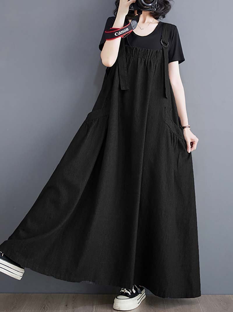 【ドゥーベル/Doux Belle】のジャンパースカート ジャンパーワンピース デニムワンピース インテリア・キッズ・メンズ・レディースファッション・服の通販 founy(ファニー) 　ファッション　Fashion　レディースファッション　Fashion for Women　スカート　Skirts　デニム　Denim, Jeans Material　ポケット　Pocket, Pocket Detail　ラップ　Wrap, Wrap Design　ロング　Long, Long-Length　ワンポイント　One Point, Statement Accent　春　Spring　無地　Plain, Solid Color　秋　Autumn　ブラック|ID: prp329100004818345 ipo3291000000035006381