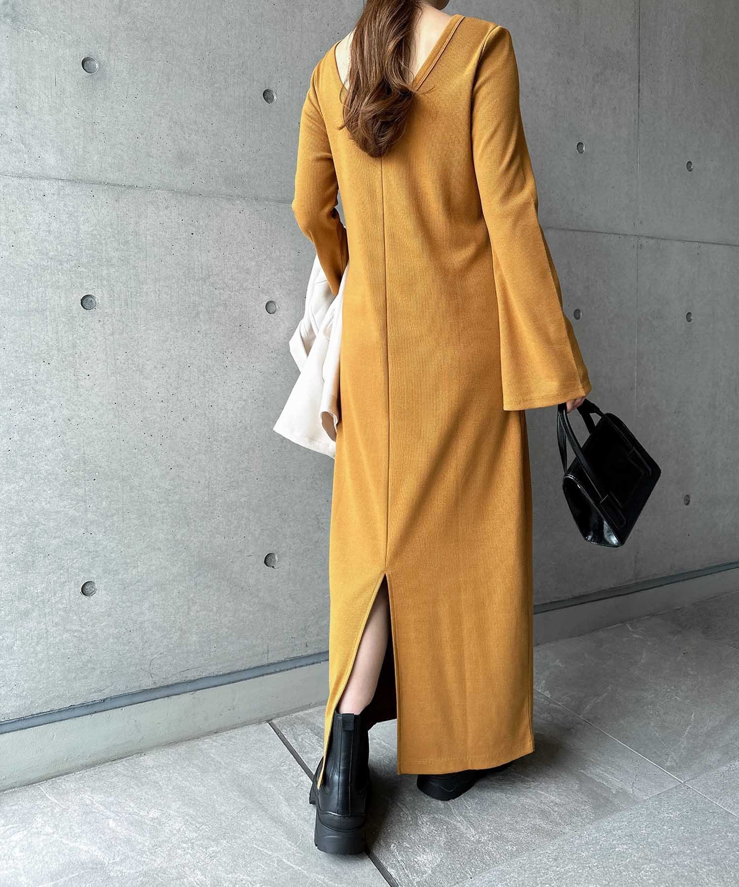 【アンドミー/andme】のフレアスリーブ リブ ロング ワンピース インテリア・キッズ・メンズ・レディースファッション・服の通販 founy(ファニー) 　ファッション　Fashion　レディースファッション　Fashion for Women　ワンピース　Dresses　カーディガン　Cardigan, Knitwear　スリーブ　Sleeve, Long Sleeve / Short Sleeve　長袖　Long Sleeve, Full Sleeve　フレア　Flare, Flared　ベスト　Vest, Waistcoat　ポケット　Pocket, Pocket Detail　ロング　Long, Long-Length　おすすめ　Recommended / Our Picks　キャメル|ID: prp329100004818346 ipo3291000000035006399