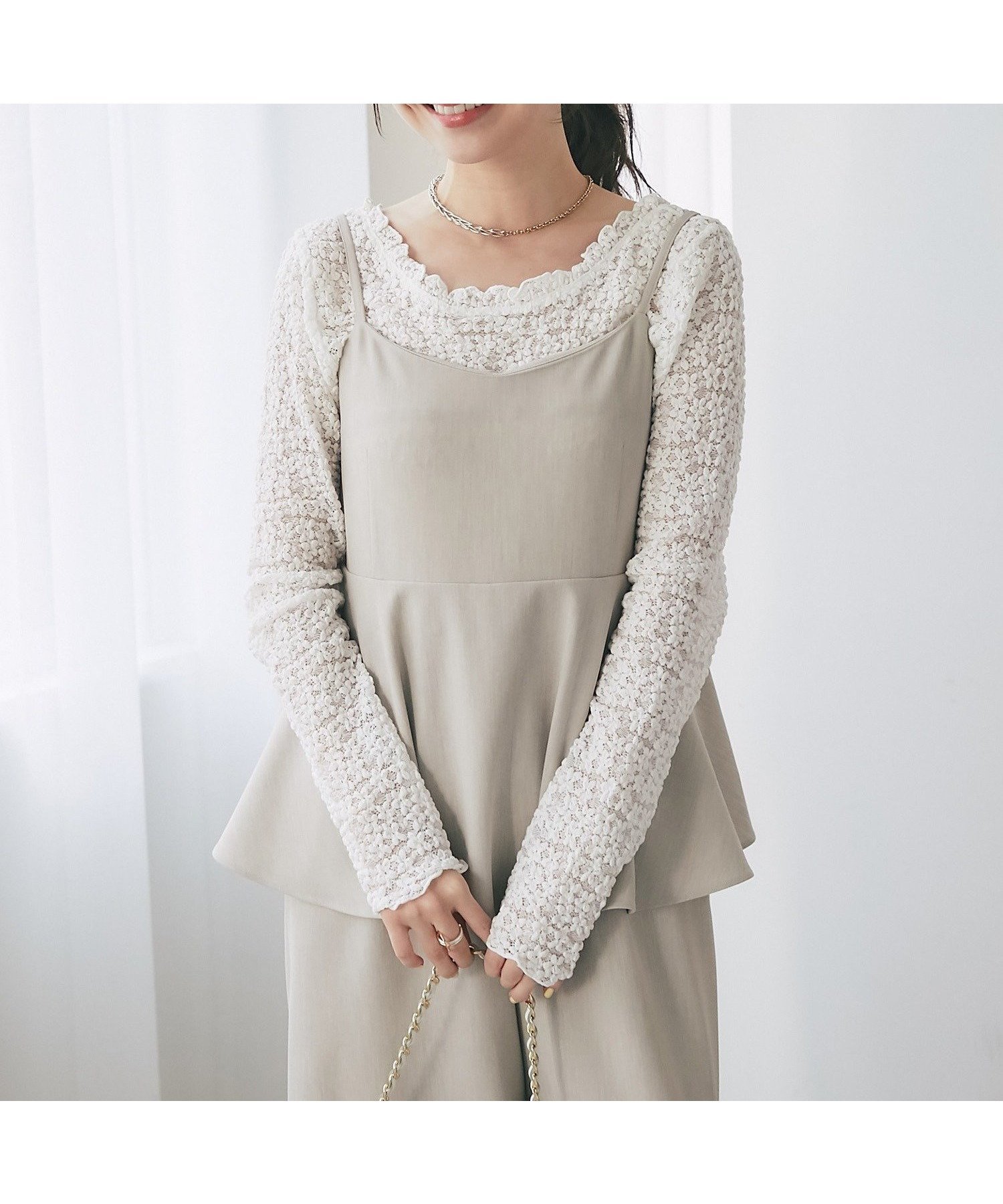 【ラブティックボンボン/La boutique BonBon】の【スタイルUP見え】ペプラムキャミオールインワン インテリア・キッズ・メンズ・レディースファッション・服の通販 founy(ファニー) 　ファッション　Fashion　レディースファッション　Fashion for Women　トップス・カットソー　Cut & Sew Tops　キャミソール&ノースリーブ　Camisoles & Sleeveless Tops　ワンピース　Dresses　オールインワン・ワンピース　Dresses and Jumpsuits　おすすめ　Recommended / Our Picks　インナー　Innerwear　カットソー　Cut and Sewn Top　キャミソール　Camisole, Spaghetti Strap Top　サンダル　Sandals, Summer Shoes　シアー　Sheer, See-Through　シューズ　Shoes, Footwear　シンプル　Simple, Minimal　ストレート　Straight, Straight Cut　フェミニン　Feminine, Girly　フラット　Flat, Flat Shoes　ペプラム　Peplum, Flared Hem　ポケット　Pocket, Pocket Detail　リブニット　Rib Knit, Ribbed Knit　レース　Lace, Lace Fabric　エレガント 上品　Elegant　グレージュ|ID: prp329100004818441 ipo3291000000035007503