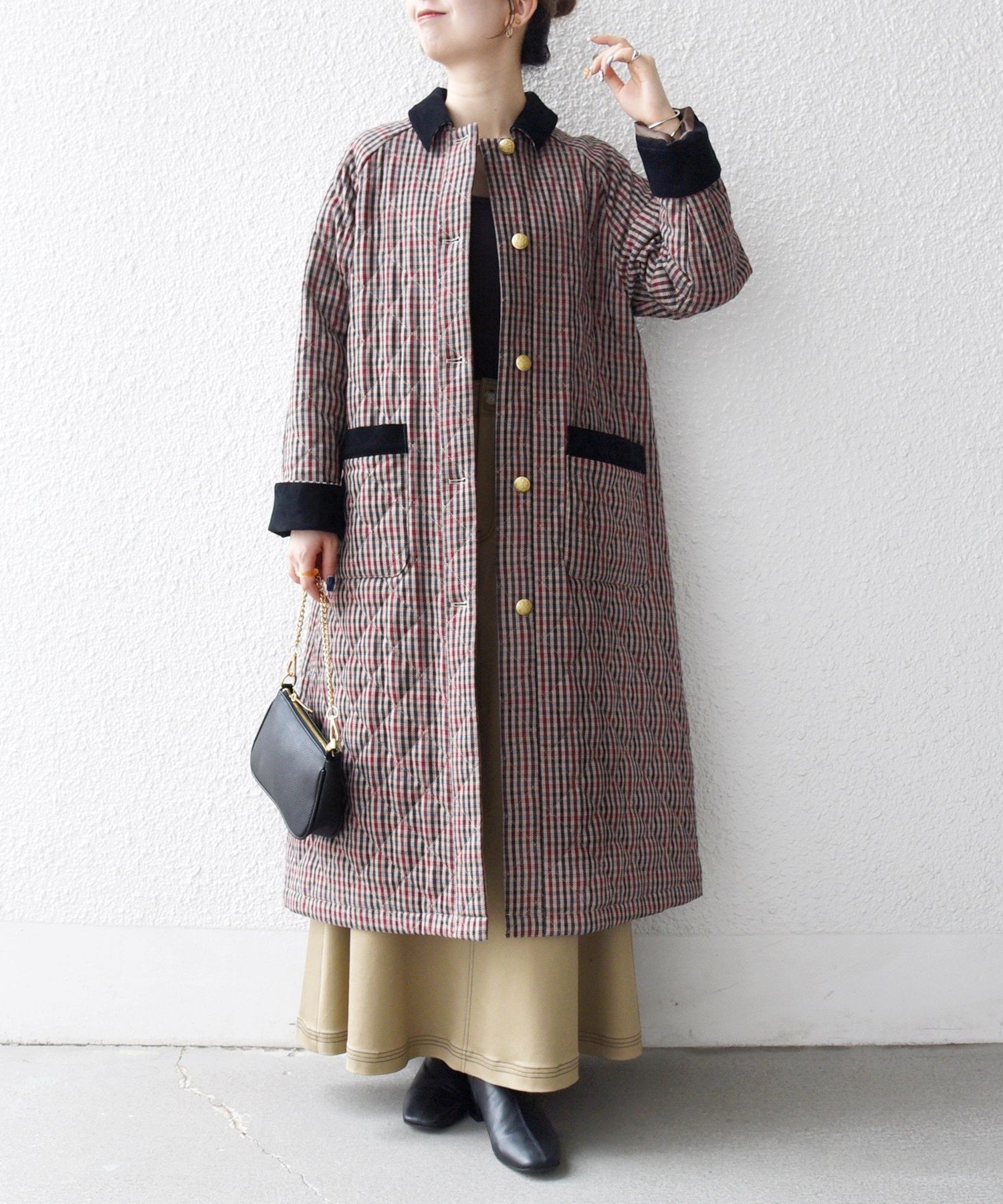 【シップス フォー ウィメン/SHIPS】のSHIPS any キルティング チェック ステンカラー Aライン ロング コート 人気、トレンドファッション・服の通販 founy(ファニー) 　ファッション　Fashion　レディースファッション　Fashion for Women　アウター　Coat / Outerwear Collection　コート・ロングコート・ピーコート　Long Coats, Peacoats & More　キルティング　Quilted, Quilting　コーデュロイ　Corduroy, Cord Fabric　今季　This Season, Current Season　シンプル　Simple, Minimal　チェック　Check, Plaid, Tartan　デニム　Denim, Jeans Material　人気　Popular, Best Seller　ポケット　Pocket, Pocket Detail　メタル　Metal, Metal Parts　ロング　Long, Long-Length　おすすめ　Recommended / Our Picks　エレガント 上品　Elegant　2025年　2025　2025-2026秋冬・A/W　Autumn/Winter 2025–26 AW25–26　 other-1|ID: prp329100004818690 ipo3291000000035009579