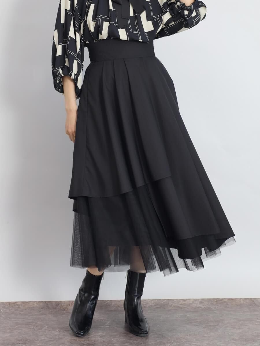 【ヴァン/Vin】のチュールレイヤードカラースカート インテリア・キッズ・メンズ・レディースファッション・服の通販 founy(ファニー) 　ファッション　Fashion　レディースファッション　Fashion for Women　スカート　Skirts　おすすめ　Recommended / Our Picks　アシンメトリー　Asymmetrical Style　カーディガン　Cardigan, Knitwear　コンパクト　Compact, Small Size　シャーリング　Shirring, Ruched　シンプル　Simple, Minimal　ジャケット　Jacket, Outerwear　チュール　Tulip, Tulip Motif　フェミニン　Feminine, Girly　フレア　Flare, Flared　ブラック|ID: prp329100004818797 ipo3291000000035010454