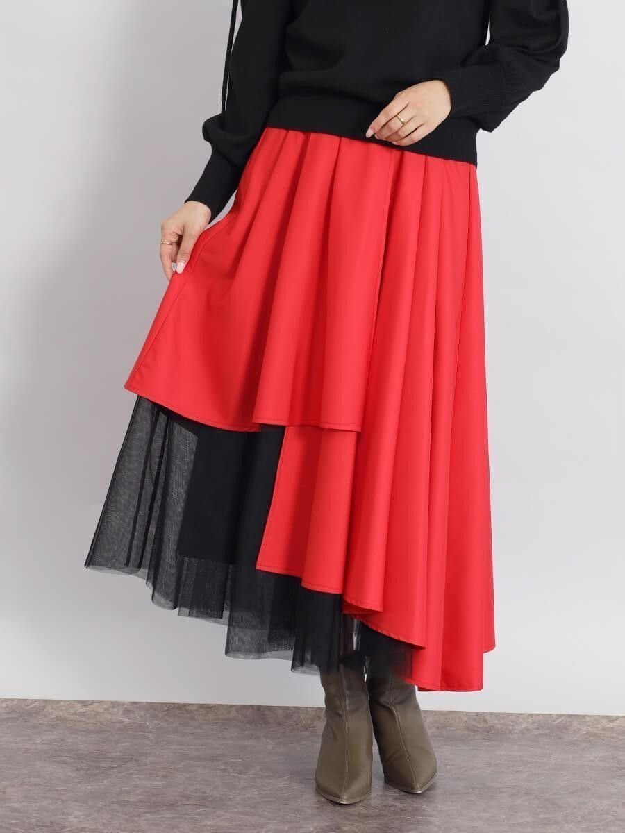 【ヴァン/Vin】のチュールレイヤードカラースカート インテリア・キッズ・メンズ・レディースファッション・服の通販 founy(ファニー) 　ファッション　Fashion　レディースファッション　Fashion for Women　スカート　Skirts　おすすめ　Recommended / Our Picks　アシンメトリー　Asymmetrical Style　カーディガン　Cardigan, Knitwear　コンパクト　Compact, Small Size　シャーリング　Shirring, Ruched　シンプル　Simple, Minimal　ジャケット　Jacket, Outerwear　チュール　Tulip, Tulip Motif　フェミニン　Feminine, Girly　フレア　Flare, Flared　レッド|ID: prp329100004818797 ipo3291000000035010455