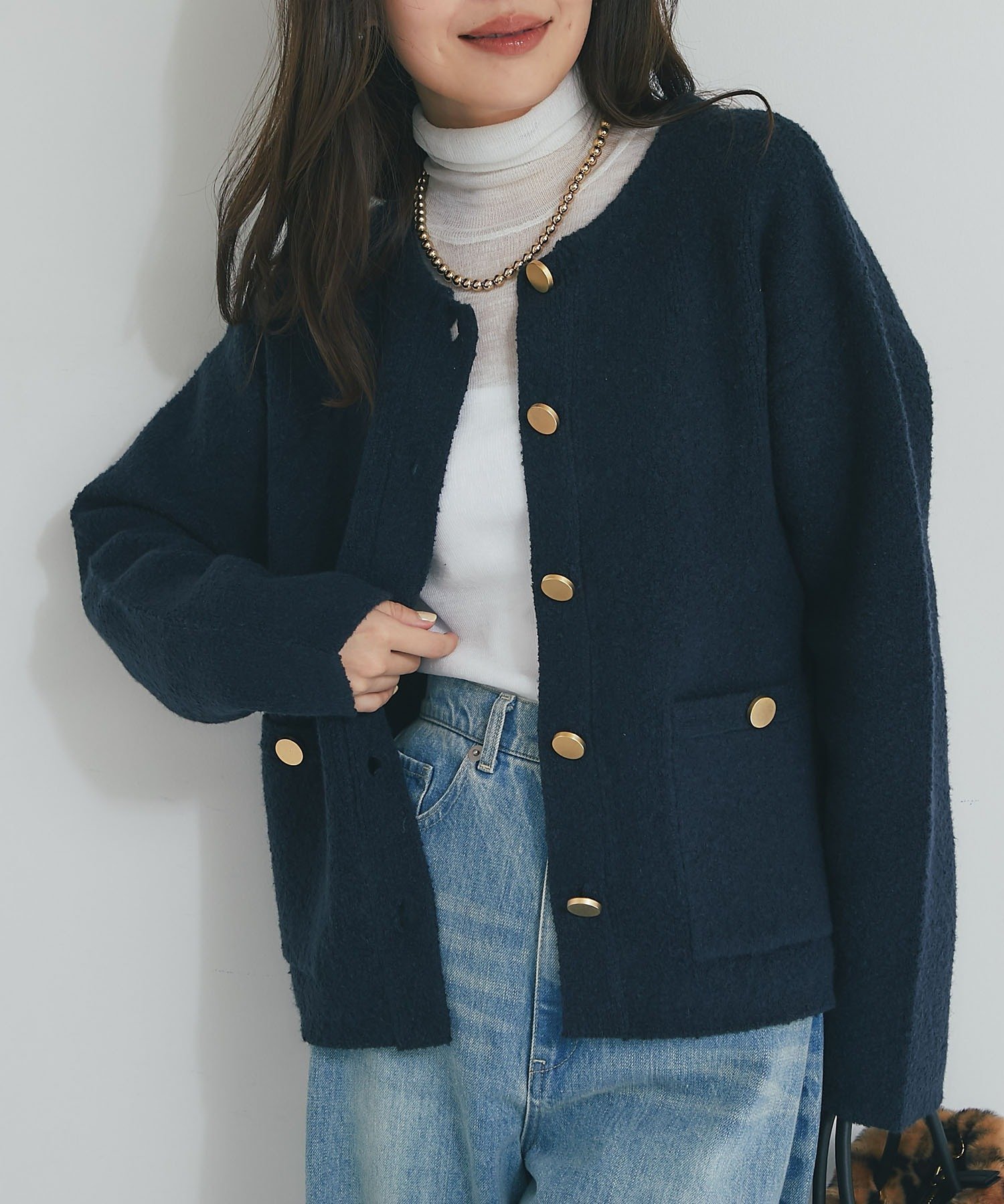 【ラブティックボンボン/La boutique BonBon】の【程よいカジュアル感】ブークレ接結ニットジャケットカーディガン インテリア・キッズ・メンズ・レディースファッション・服の通販 founy(ファニー) 　ファッション　Fashion　レディースファッション　Fashion for Women　エレガント 上品　Elegant　カーディガン　Cardigan, Knitwear　ジャケット　Jacket, Outerwear　デニム　Denim, Jeans Material　フェミニン　Feminine, Girly　フレア　Flare, Flared　ボトム　Bottoms, Lower Wear　ポケット　Pocket, Pocket Detail　ロング　Long, Long-Length　ワイド　Wide, Wide Fit　おすすめ　Recommended / Our Picks　ネイビー|ID: prp329100004818865 ipo3291000000035011085