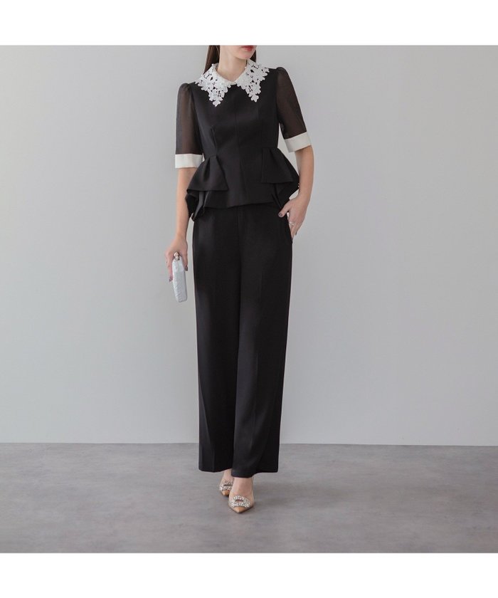 【レジャ/Leja】のレースカラーペプラムブラウスパンツセットアップドレス結婚式オケージョン インテリア・キッズ・メンズ・レディースファッション・服の通販 founy(ファニー) https://founy.com/ ファッション Fashion レディースファッション Fashion for Women セットアップ Matching Sets レディースパンツ・ボトムス Pants & Trousers / Bottoms エレガント 上品 Elegant オケージョン Occasion Wear クラシカル Classical, Vintage-Inspired クラシック Classic, Timeless Style シアー Sheer, See-Through セットアップ Set-Up, Coordinated Outfit ドレス Dress, One-Piece フォーマル Formal, Dressy ペプラム Peplum, Flared Hem レース Lace, Lace Fabric ワイド Wide, Wide Fit おすすめ Recommended / Our Picks 旅行 Travel 結婚式 Wedding 披露宴 Wedding Reception |ID: prp329100004818956 ipo3291000000035011772