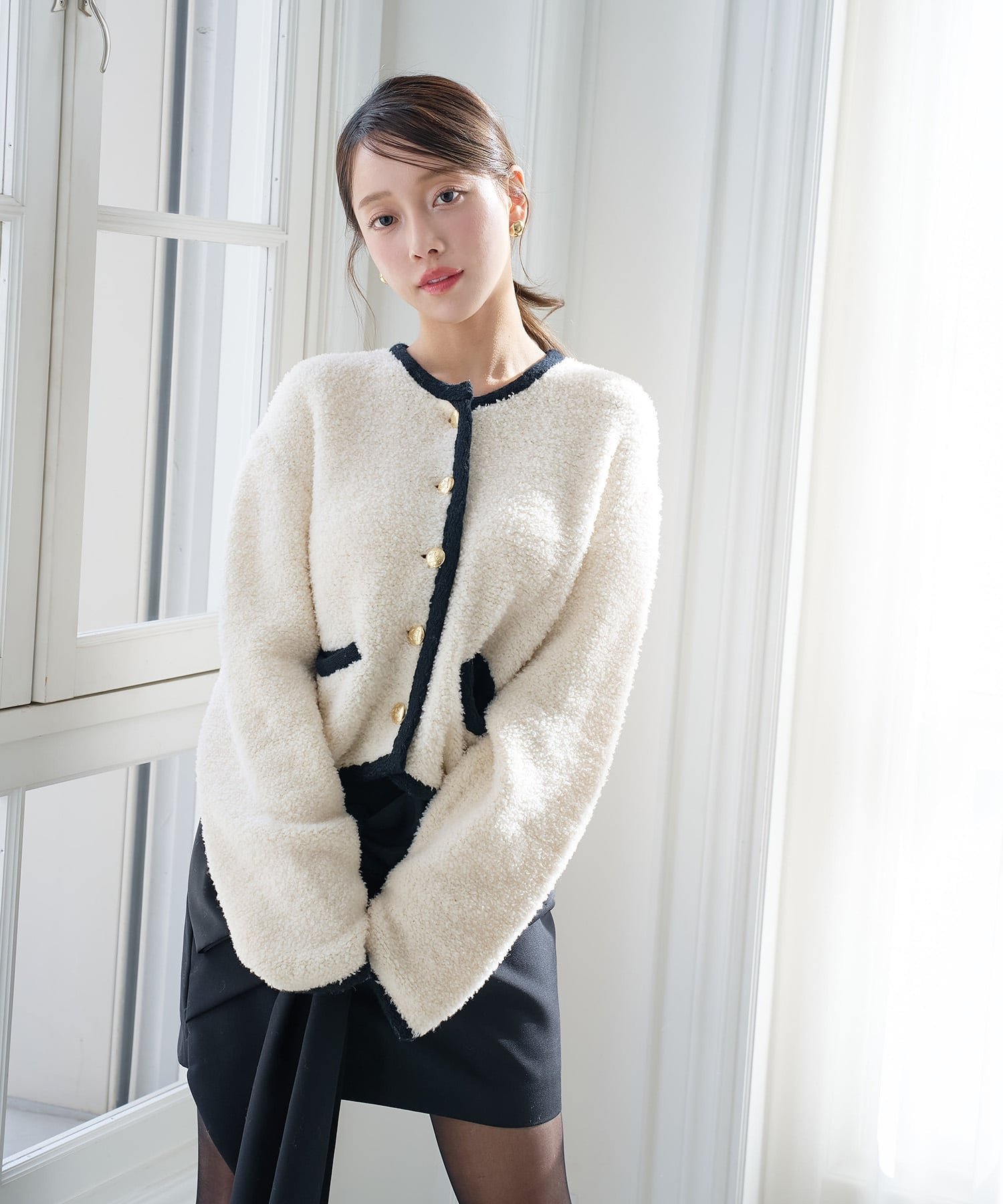 【エイミーイストワール/eimy istoire】のTEDDY KNIT JACKET インテリア・キッズ・メンズ・レディースファッション・服の通販 founy(ファニー) 　ファッション　Fashion　レディースファッション　Fashion for Women　アウター　Coat / Outerwear Collection　レディースジャケット・軽アウター　Jackets　トップス・カットソー　Cut & Sew Tops　ニット　Knit Tops & Sweaters　アクセサリー　Fashion Accessories　クラシカル　Classical, Vintage-Inspired　コンパクト　Compact, Small Size　デニム　Denim, Jeans Material　パイピング　Piping, Trim Design　リュクス　Luxury, Elegant, High-End, Chic　A/W・秋冬　Autumn/Winter　再入荷　Restock / Back in Stock　エレガント 上品　Elegant　MIX|ID: prp329100004819643 ipo3291000000035019439