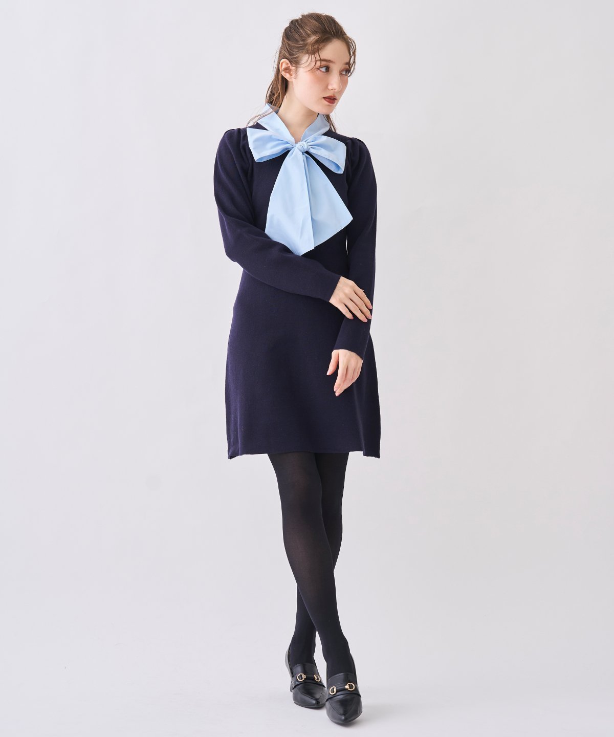 【スウィングル/Swingle】の【NEW YEAR SPECIAL ITEM】ボウタイリボン付きニットワンピース インテリア・キッズ・メンズ・レディースファッション・服の通販 founy(ファニー) ファッション Fashion レディースファッション Fashion for Women ワンピース Dresses ニットワンピース Knit Dresses シンプル Simple, Minimal バランス Balance, Style Balance リボン Ribbon, Bow ネイビー|ID: prp329100004819658 ipo3291000000035019604