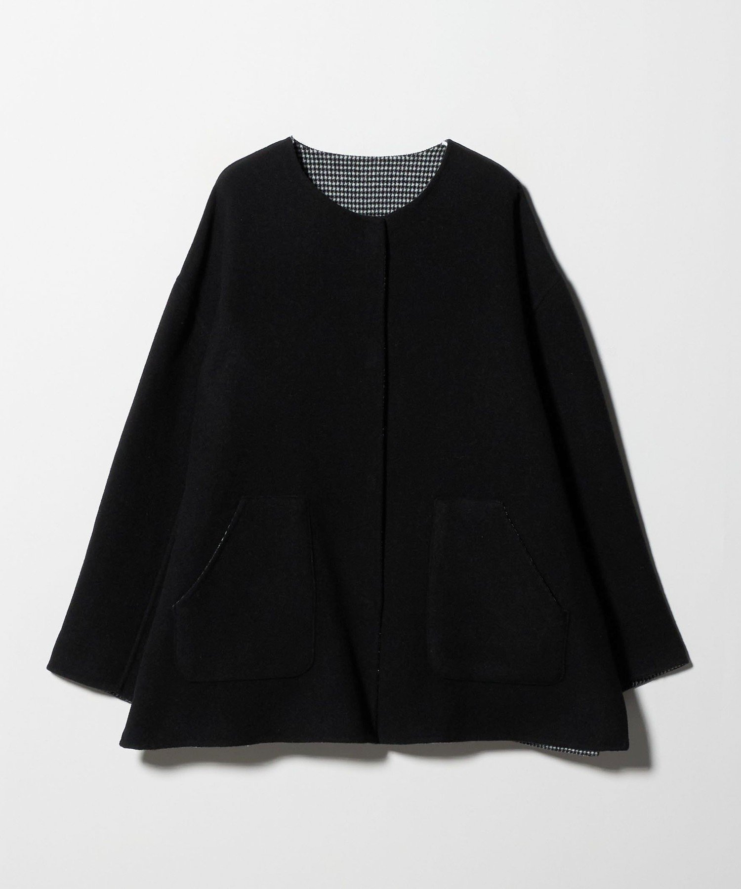 【ユナイテッドアローズ/UNITED ARROWS】のリバー ノーカラーコート -リバーシブル- A DAY IN THE LIFE インテリア・キッズ・メンズ・レディースファッション・服の通販 founy(ファニー) 　ファッション　Fashion　レディースファッション　Fashion for Women　アウター　Coat / Outerwear Collection　コート・ロングコート・ピーコート　Long Coats, Peacoats & More　ダブル　Double, Double-Breasted　チェック　Check, Plaid, Tartan　トレンド　Trend, Trending Now　バランス　Balance, Style Balance　フェイス　Face, Facial Design　無地　Plain, Solid Color　リバーシブル　Reversible, Two-Sided　アウトレット　Outlet / Clearance　ビジネス 仕事 通勤　Business / Work / Commuting　BLACK|ID: prp329100004819667 ipo3291000000035019725