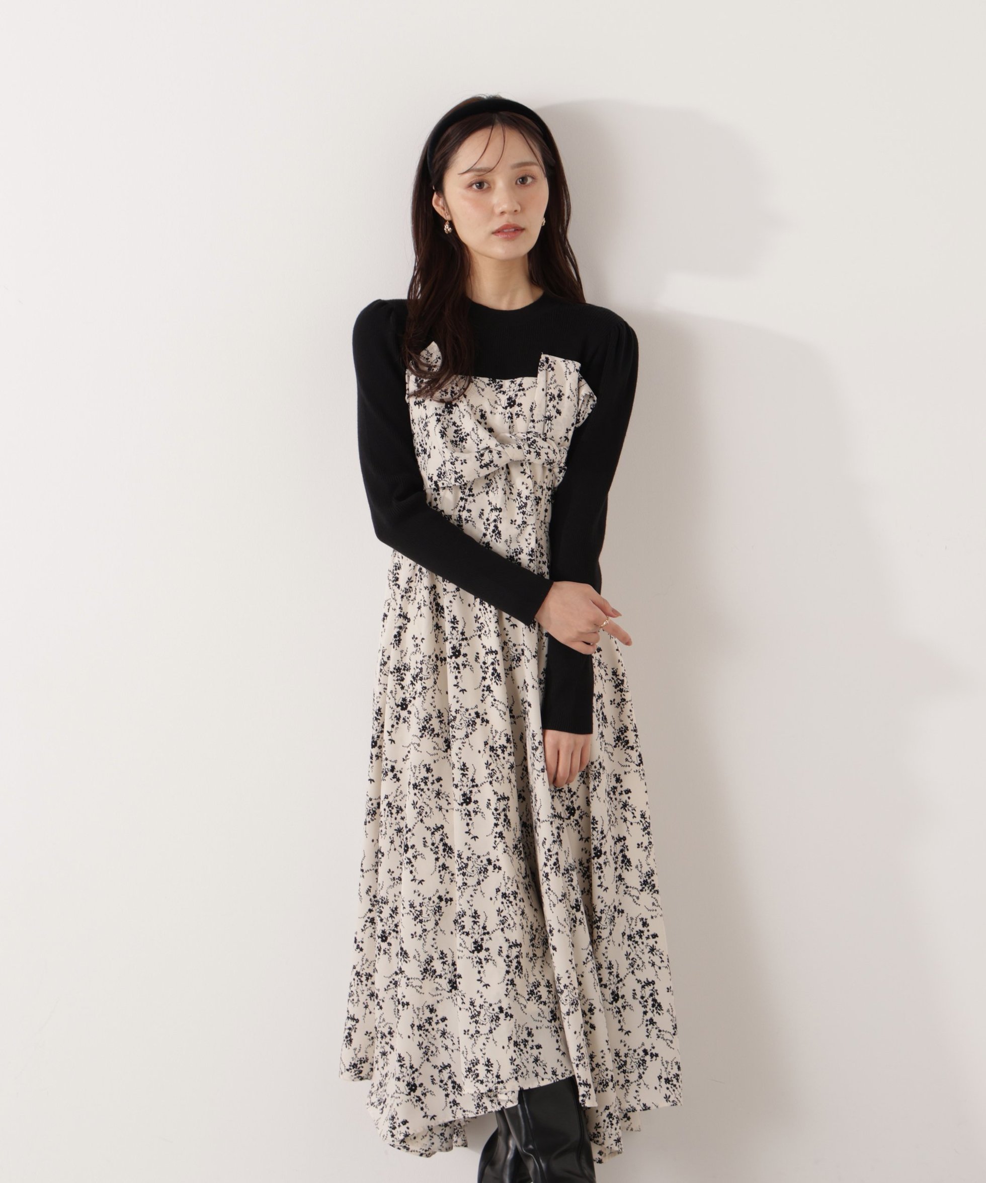 【プロポーション ボディドレッシング/PROPORTION BODY DRESSING】のフロントリボン花柄ドッキングワンピース 26SS インテリア・キッズ・メンズ・レディースファッション・服の通販 founy(ファニー) ファッション Fashion レディースファッション Fashion for Women ワンピース Dresses 2026年 2026 ウォーム Warm Fabric ドッキング Docking, Mixed Material フロント Front, Front Design プリント Print, Printed Pattern リボン Ribbon, Bow ブラック×ベージュ|ID: prp329100004819701 ipo3291000000035020160