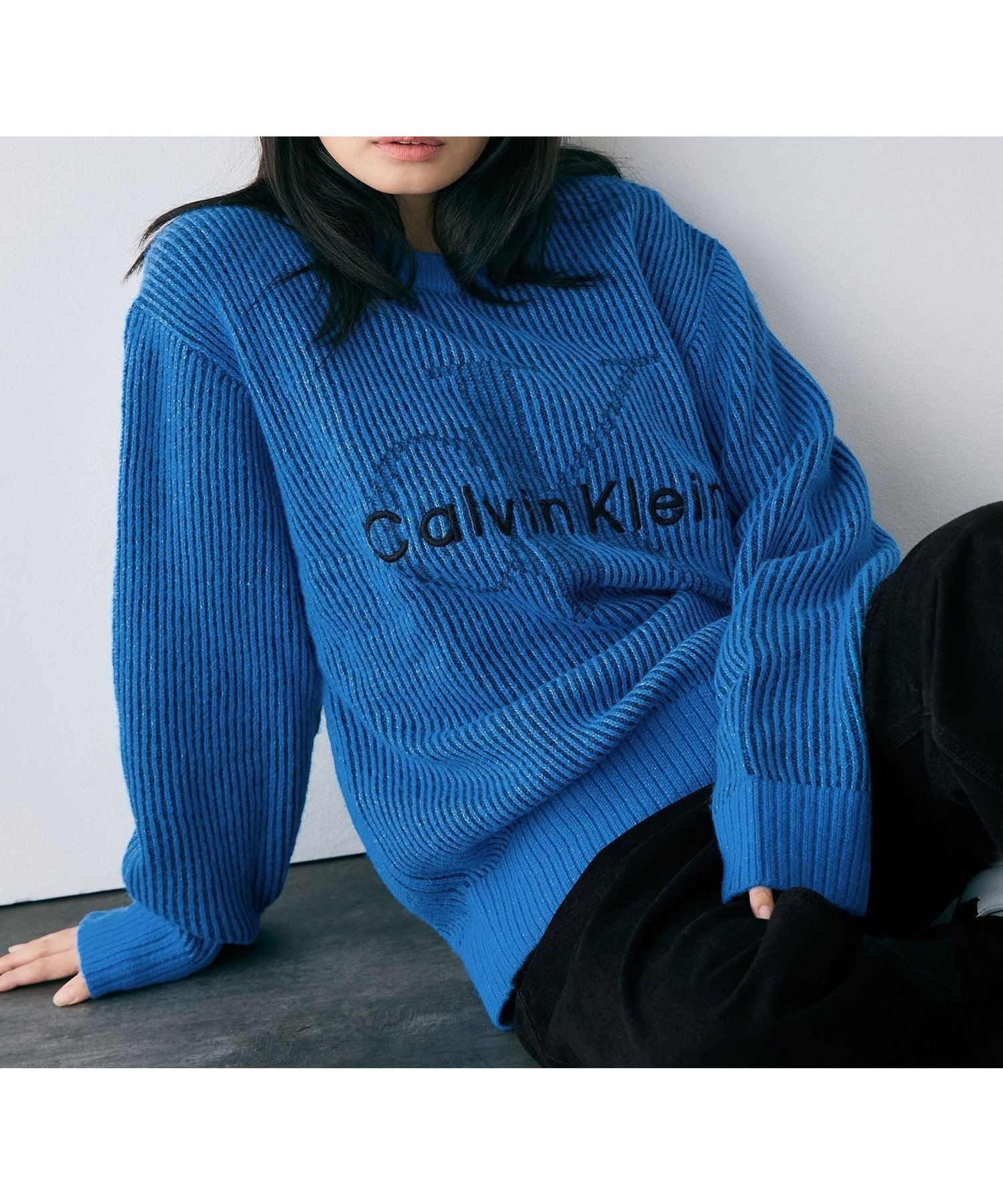 【カルバンクライン/Calvin Klein】の【公式ショップ】 カルバンクライン ニット - インターシャロングスリーブクルーネックセーター Calvin Klein Jeans 4RD399G インテリア・キッズ・メンズ・レディースファッション・服の通販 founy(ファニー) 　ファッション　Fashion　レディースファッション　Fashion for Women　トップス・カットソー　Cut & Sew Tops　ニット　Knit Tops & Sweaters　ショルダー　Shoulder, Shoulder Strap　ジーンズ　Jeans, Denim Pants　ドロップ　Drop Shoulder, Dropped Style　ビッグ　Big, Oversized　モダン　Modern, Contemporary　リラックス　Relax, Relaxed Fit　Corrib River Blue|ID: prp329100004819749 ipo3291000000035020878