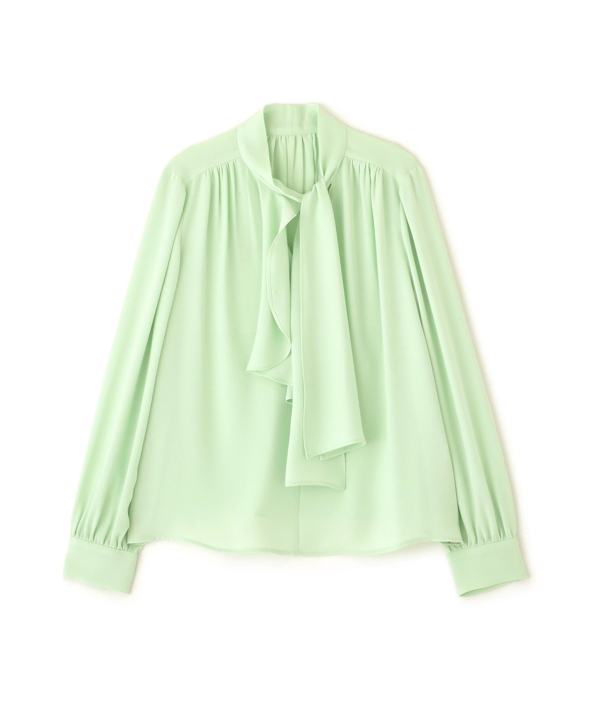 【ピンキーアンドダイアン/Pinky&Dianne】のラッフルアクセントボウタイブラウス インテリア・キッズ・メンズ・レディースファッション・服の通販 founy(ファニー) 　ファッション　Fashion　レディースファッション　Fashion for Women　トップス・カットソー　Cut & Sew Tops　シャツ・ブラウス・オフィスカジュアル　Elegant Blouses & Button-Ups　おすすめ　Recommended / Our Picks　ギャザー　Gathered, Ruffled　スタンダード　Standard, Basic　ストレッチ　Stretch, Stretchy Fabric　ドレープ　Drape, Draping Fabric　ヨーク　Yoke, Yoke Design　ラッフル　Ruffle, Frill　リボン　Ribbon, Bow　エレガント 上品　Elegant　ライトグリーン|ID: prp329100004819752 ipo3291000000035020933