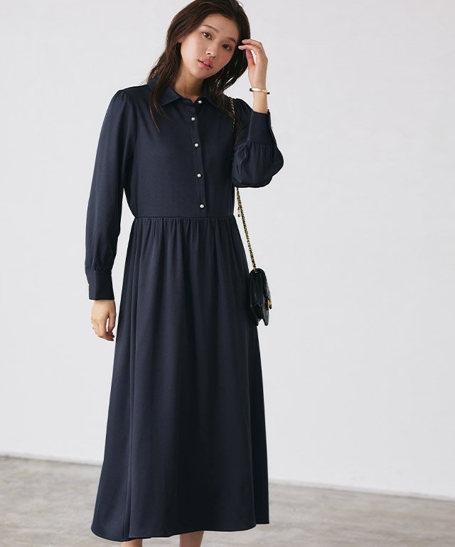 【ピエロ/Pierrot】のパールボタンシャツワンピース インテリア・キッズ・メンズ・レディースファッション・服の通販 founy(ファニー) 　ファッション　Fashion　レディースファッション　Fashion for Women　ワンピース　Dresses　シャツワンピース / 1枚で着映えコーデ　Shirt Dresses　ギャザー　Gathered, Ruffled　パール　Pearl, Pearl Accent　フロント　Front, Front Design　エレガント 上品　Elegant　ネイビー|ID: prp329100004819759 ipo3291000000035021177