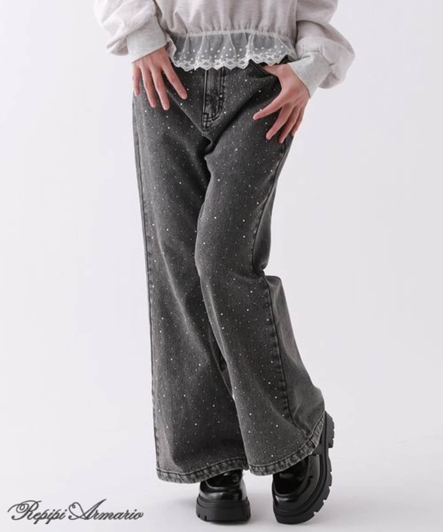 【レピピアルマリオ/repipi armario / KIDS】の【girly line】トキメキ起毛デニムパンツ インテリア・キッズ・メンズ・レディースファッション・服の通販 founy(ファニー) 　ファッション　Fashion　キッズファッション　Fashion for Kids　ボトムス　Bottoms　厚底　Platform Shoes　キャミワンピース　Cami Dress, Slip Dress　デニム　Denim, Jeans Material　ビジュー　Bijou, Jewel-like Accent　フリル　Frill, Ruffle　フレア　Flare, Flared　フレンチ　French, French Style　ロマンティック　Romantic, Feminine Style　おすすめ　Recommended / Our Picks　ブラック09|ID: prp329100004819976 ipo3291000000035024114