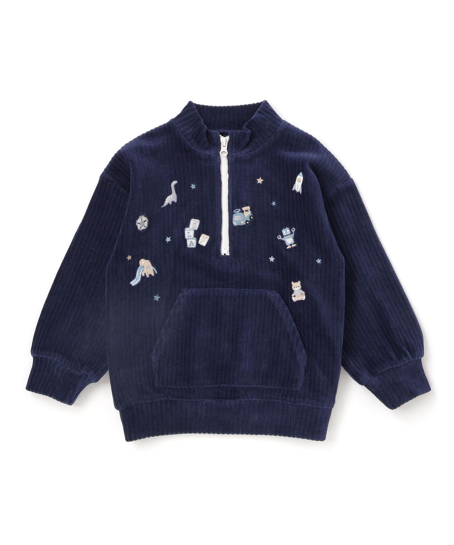 【ベベ オンライン ストア/BEBE ONLINE STORE / KIDS】の恐竜くるまロケットおもちゃ刺しゅうハーフジップトップス(80~130cm) インテリア・キッズ・メンズ・レディースファッション・服の通販 founy(ファニー) 　ファッション　Fashion　キッズファッション　Fashion for Kids　トップス・カットソー　Cut & Sew Tops　秋　Autumn　シンプル　Simple, Minimal　チェック　Check, Plaid, Tartan　長袖　Long Sleeve, Full Sleeve　フレンチ　French, French Style　ポケット　Pocket, Pocket Detail　ミックス　Mix, Mixed Style　モチーフ　Motif, Design Theme　A/W・秋冬　Autumn/Winter　エレガント 上品　Elegant　2025年　2025　2025-2026秋冬・A/W　Autumn/Winter 2025–26 AW25–26　ネイビー|ID: prp329100004820037 ipo3291000000035024587