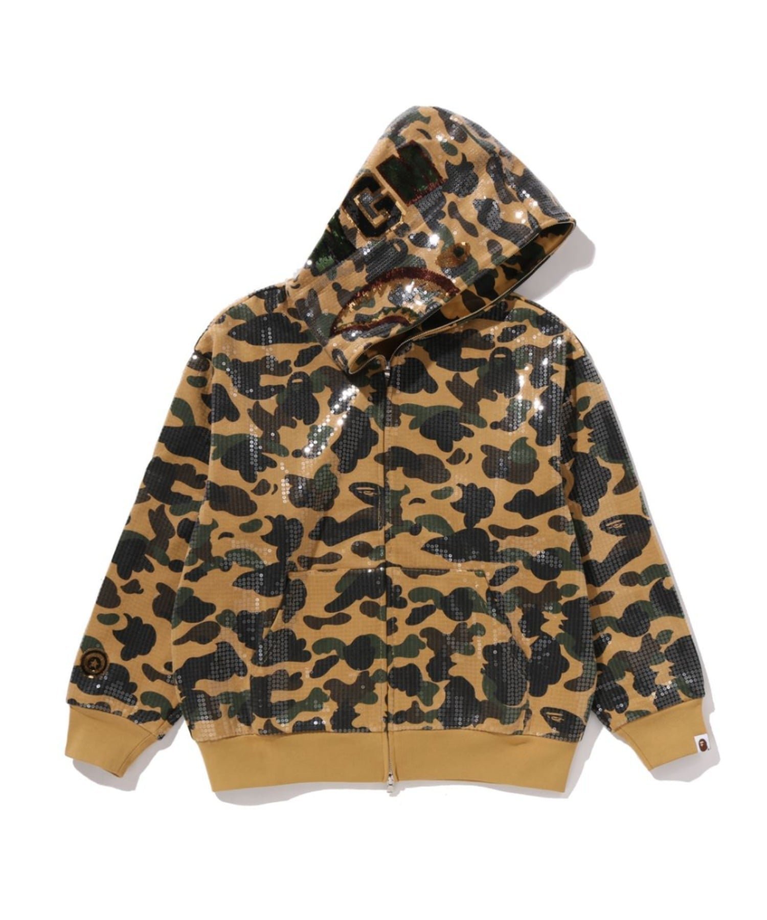 【ア ベイシング エイプ/A BATHING APE】の1ST CAMO SEQUIN SHARK RELAXED FIT FULLZIP HOODIE インテリア・キッズ・メンズ・レディースファッション・服の通販 founy(ファニー) 　ファッション　Fashion　レディースファッション　Fashion for Women　グラフィック　Graphic, Graphic Design　スパンコール　Sequins, Sequin Embellishment　モチーフ　Motif, Design Theme　YELLOW|ID: prp329100004820121 ipo3291000000035025279