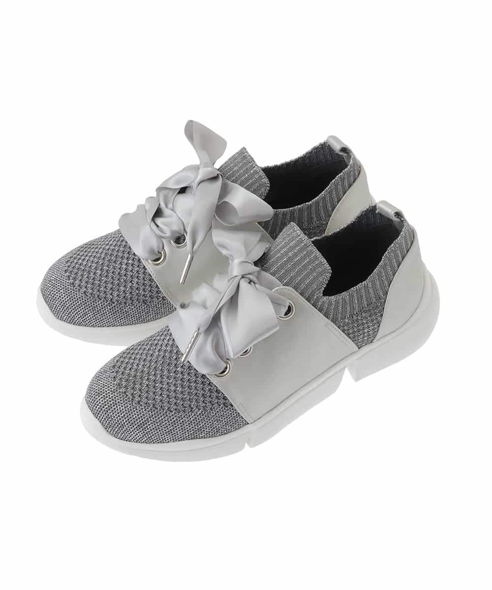 【ヒロコビス/HIROKO BIS】の【靴紐2WAY / WEB限定カラー アイボリー】レースアップニットスニーカー インテリア・キッズ・メンズ・レディースファッション・服の通販 founy(ファニー) 　ファッション　Fashion　レディースファッション　Fashion for Women　サテン　Satin, Glossy Fabric　スニーカー　Sneakers, Trainers　ドッキング　Docking, Mixed Material　メタリック　Metallic, Shiny Finish　メッシュ　Mesh, Net Fabric　リボン　Ribbon, Bow　シルバー|ID: prp329100004820122 ipo3291000000035025292