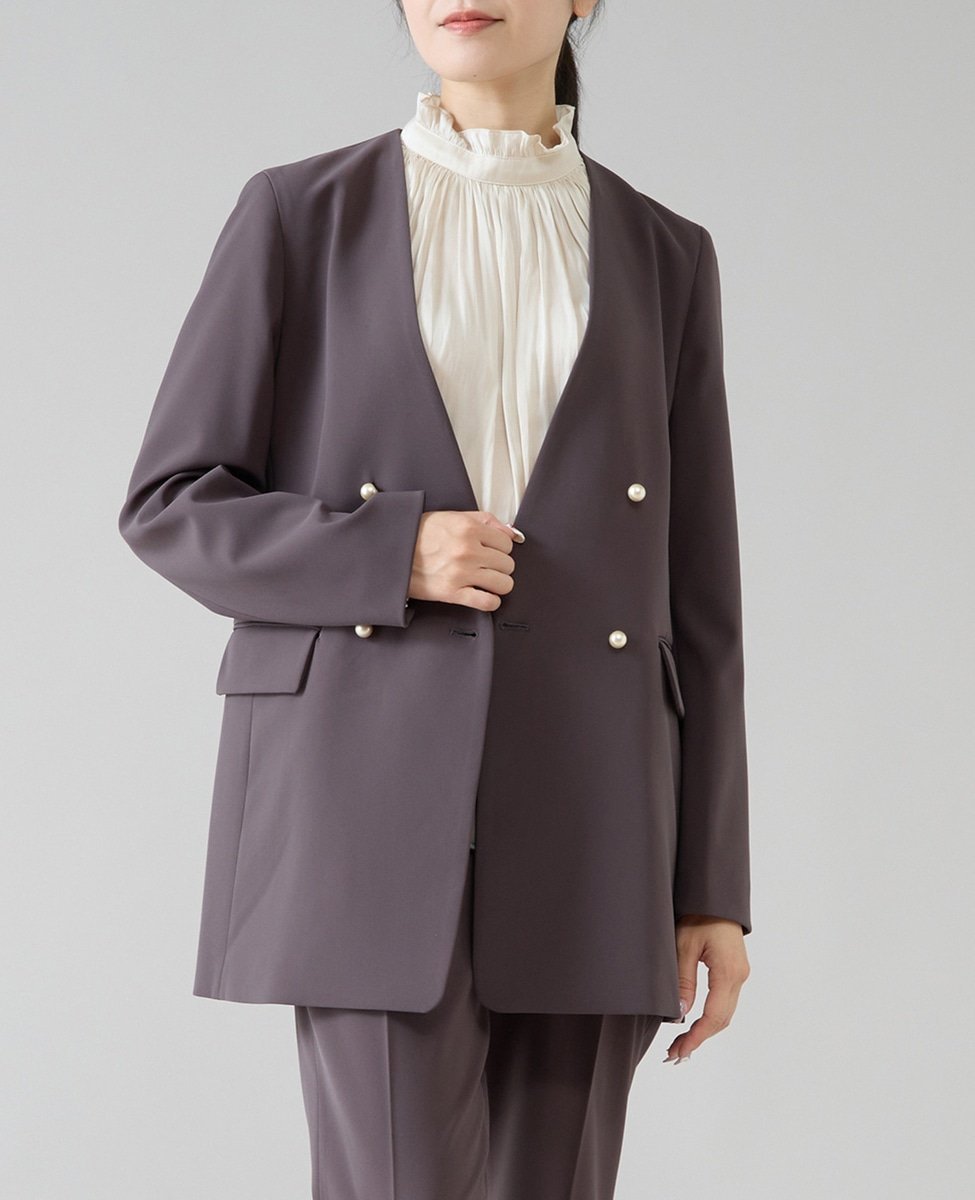 【ティアラ/Tiara】の《定番》ノーカラーダブルジャケット インテリア・キッズ・メンズ・レディースファッション・服の通販 founy(ファニー) 　ファッション　Fashion　レディースファッション　Fashion for Women　アウター　Coat / Outerwear Collection　レディースジャケット・軽アウター　Jackets　ジャケット　Jacket, Outerwear　ストレッチ　Stretch, Stretchy Fabric　セットアップ　Set-Up, Coordinated Outfit　ダブル　Double, Double-Breasted　ドレープ　Drape, Draping Fabric　パール　Pearl, Pearl Accent　定番　Standard, Basic Item　チャコールグレー|ID: prp329100004820309 ipo3291000000035027225