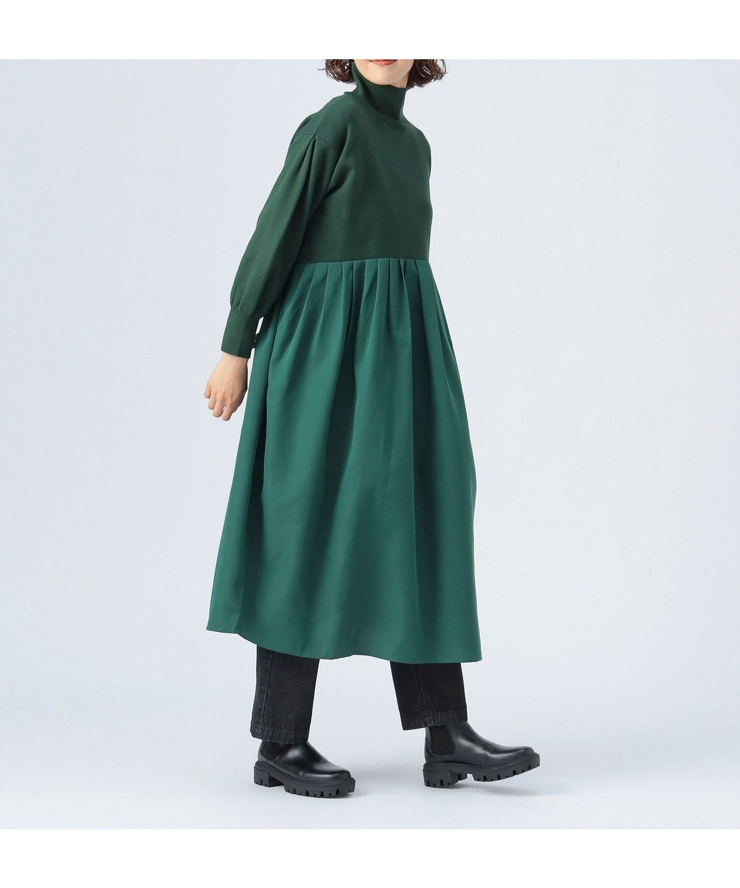 【ビームス ハート/BEAMS HEART】のタートルネック ニット * 異素材 ワンピース インテリア・キッズ・メンズ・レディースファッション・服の通販 founy(ファニー) 　ファッション　Fashion　レディースファッション　Fashion for Women　ワンピース　Dresses　ショート　Short, Short Length　スリット　Slit, Slit Detail　タートルネック　Turtleneck, High Neck　ドッキング　Docking, Mixed Material　ブロード　Broadcloth, Fine Cotton　GREEN|ID: prp329100004820501 ipo3291000000035029233