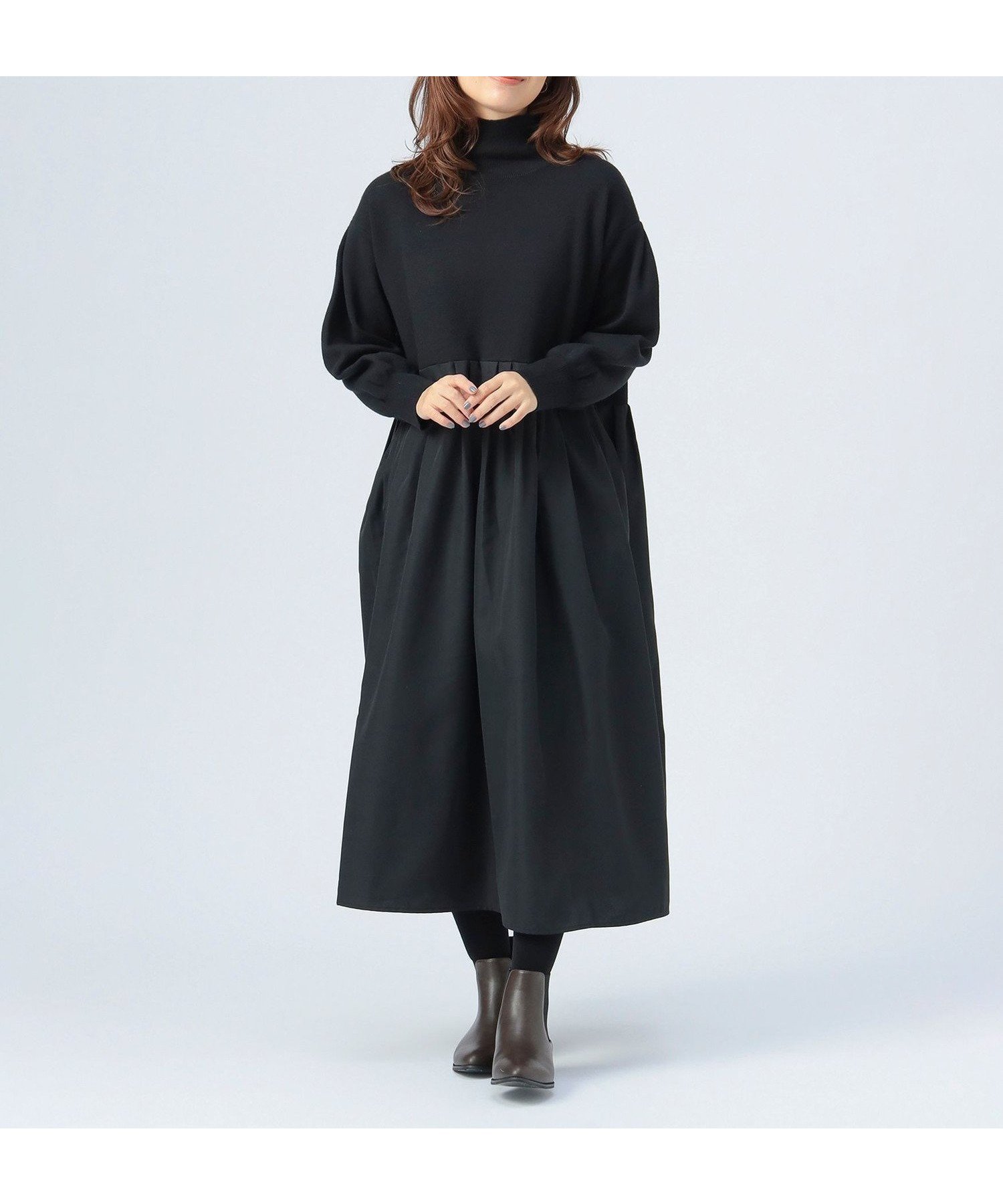 【ビームス ハート/BEAMS HEART】のタートルネック ニット * 異素材 ワンピース インテリア・キッズ・メンズ・レディースファッション・服の通販 founy(ファニー) 　ファッション　Fashion　レディースファッション　Fashion for Women　ワンピース　Dresses　ショート　Short, Short Length　スリット　Slit, Slit Detail　タートルネック　Turtleneck, High Neck　ドッキング　Docking, Mixed Material　ブロード　Broadcloth, Fine Cotton　BLACK|ID: prp329100004820501 ipo3291000000035029234