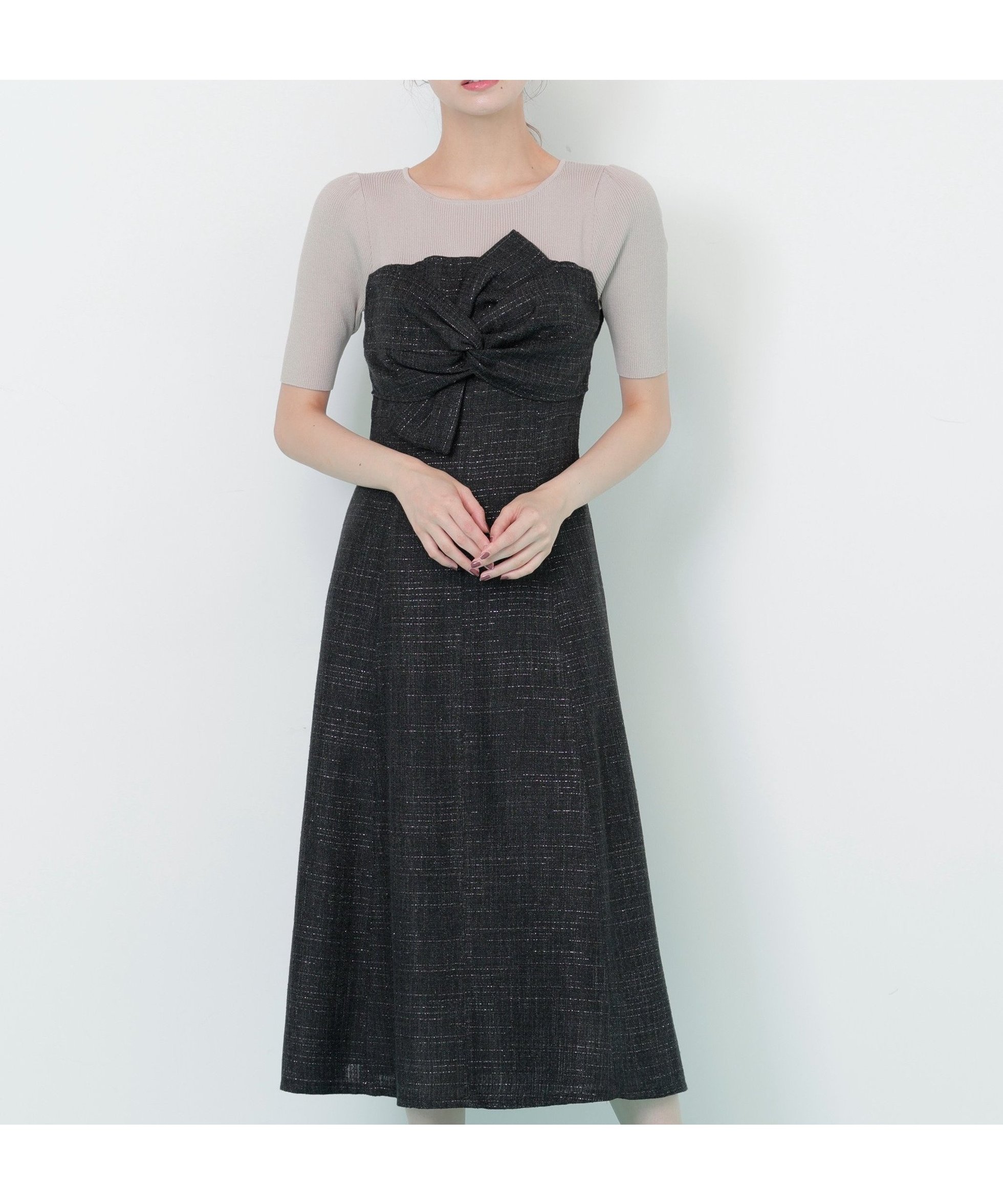 【ジルバイジルスチュアート/JILL by JILLSTUART】のドッキングワンピース 人気、トレンドファッション・服の通販 founy(ファニー) 　ファッション　Fashion　レディースファッション　Fashion for Women　ワンピース　Dresses　スマート　Smart, Elegant　ツイード　Twill, Twill Weave　ドッキング　Docking, Mixed Material　フィット　Fit, Slim Fit　フレア　Flare, Flared　フロント　Front, Front Design　リボン　Ribbon, Bow　エレガント 上品　Elegant　 other-1|ID: prp329100004820508 ipo3291000000035029299