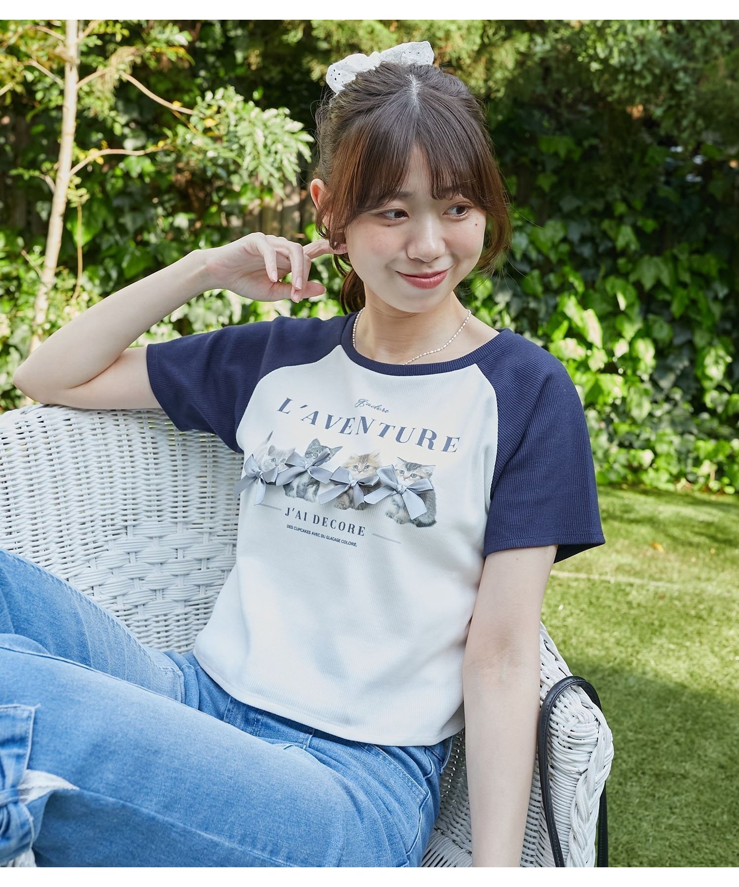 【マジェスティック レゴン/MAJESTIC LEGON】のラグランネコチャンTシャツ インテリア・キッズ・メンズ・レディースファッション・服の通販 founy(ファニー) 　ファッション　Fashion　レディースファッション　Fashion for Women　トップス・カットソー　Cut & Sew Tops　シャツ・ブラウス・オフィスカジュアル　Elegant Blouses & Button-Ups　ロングTシャツ・Tシャツ　Longline T-Shirts & Tees　ガーリー　Girly, Feminine Style　クロップド　Cropped, Short Length　コンパクト　Compact, Small Size　シンプル　Simple, Minimal　ダウン　Down, Puffer　デニム　Denim, Jeans Material　ネコ　Cat, Feline Motif　プリント　Print, Printed Pattern　ボトム　Bottoms, Lower Wear　モチーフ　Motif, Design Theme　リボン　Ribbon, Bow　再入荷　Restock / Back in Stock　夏　Summer　ネイビー柄|ID: prp329100004820845 ipo3291000000035033350