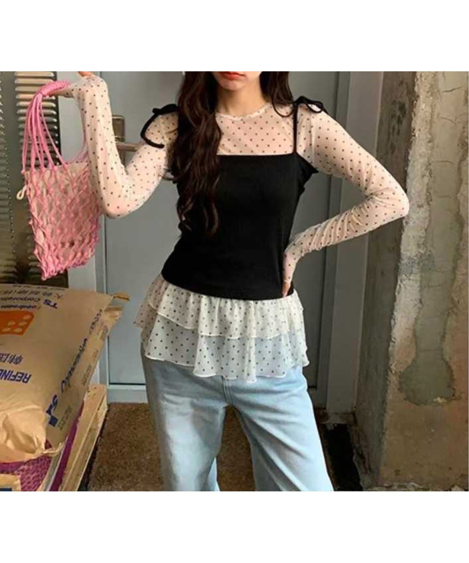 【チェルカ/CERCA】のMEMECLE/【 MEMECLE / メメクル 】シースルースキン ドットフリルトップス インテリア・キッズ・メンズ・レディースファッション・服の通販 founy(ファニー) 　ファッション　Fashion　レディースファッション　Fashion for Women　トップス・カットソー　Cut & Sew Tops　カーゴパンツ　Cargo Pants, Utility Pants　ガーリー　Girly, Feminine Style　クロップド　Cropped, Short Length　デニム　Denim, Jeans Material　トレンド　Trend, Trending Now　ドット　Polka Dot, Dot Pattern　フリル　Frill, Ruffle　ミックス　Mix, Mixed Style　ワイド　Wide, Wide Fit　再入荷　Restock / Back in Stock　おすすめ　Recommended / Our Picks　ライトイエロー|ID: prp329100004821040 ipo3291000000035035640