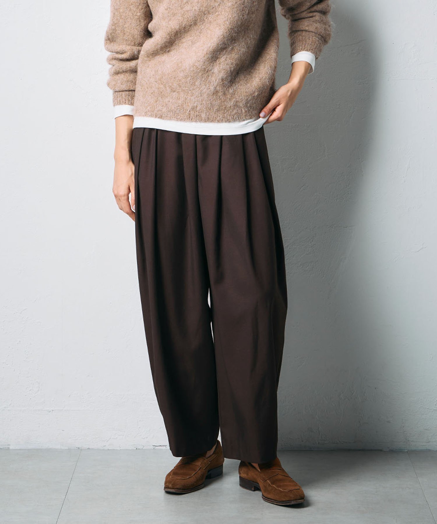 【ノーク/N.O.R.C】のウールライクボリュームドロストパンツ インテリア・キッズ・メンズ・レディースファッション・服の通販 founy(ファニー) 　ファッション　Fashion　レディースファッション　Fashion for Women　パンツ　Pants & Trousers　ギャザー　Gathered, Ruffled　ツイル　Twist, Twisted Detail　フロント　Front, Front Design　ランダム　Random, Irregular　秋　Autumn　ブラウン|ID: prp329100004821060 ipo3291000000035035892