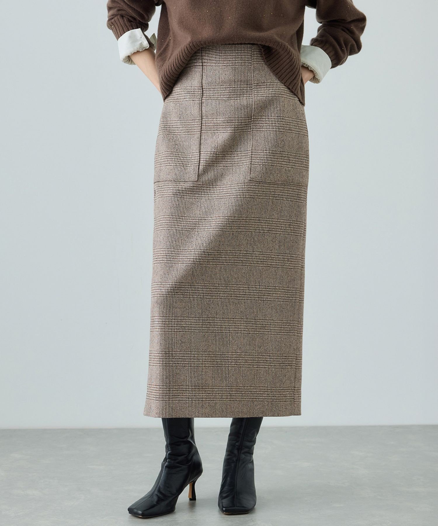 【ロペ/ROPE'】の美人スカート ウールレーヨンポケット付きタイトスカート(ヘリンボーン/グレンチェック)/セットアップ対応 インテリア・キッズ・メンズ・レディースファッション・服の通販 founy(ファニー) 　ファッション　Fashion　レディースファッション　Fashion for Women　セットアップ　Matching Sets　スカート・ミニ/ミディ/マキシ　Skirts / Mini, Midi & Maxi Skirts　アンサンブル　Ensemble Set　ウォーム　Warm Fabric　カットソー　Cut and Sewn Top　カーディガン　Cardigan, Knitwear　ジャケット　Jacket, Outerwear　セットアップ　Set-Up, Coordinated Outfit　チェック　Check, Plaid, Tartan　定番　Standard, Basic Item　ポケット　Pocket, Pocket Detail　おすすめ　Recommended / Our Picks　エレガント 上品　Elegant　ビジネス 仕事 通勤　Business / Work / Commuting　ブラウン系(24)|ID: prp329100004821165 ipo3291000000035037121