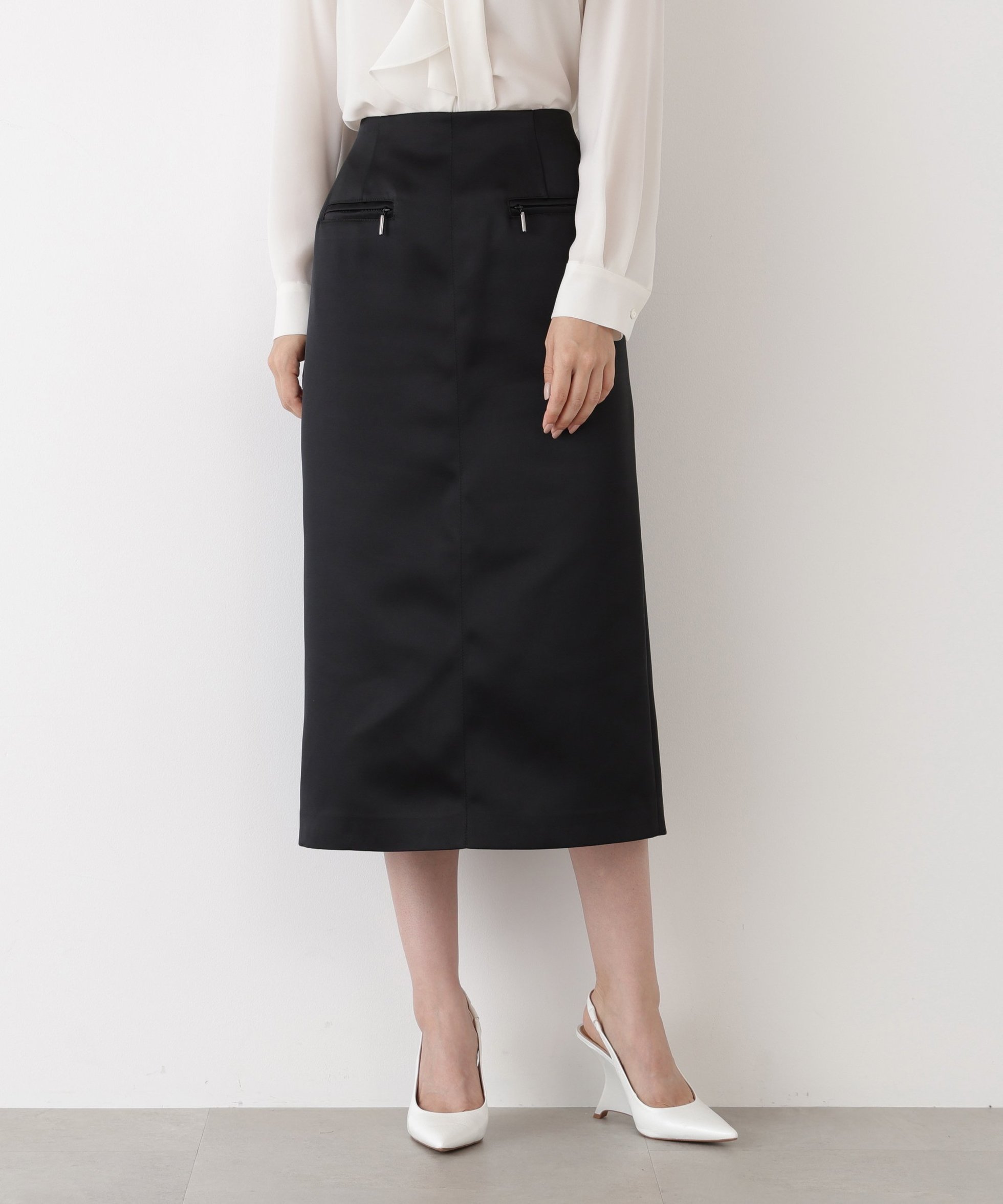 【ピンキーアンドダイアン/Pinky&Dianne】のジップアクセントミディスカート インテリア・キッズ・メンズ・レディースファッション・服の通販 founy(ファニー) 　ファッション　Fashion　レディースファッション　Fashion for Women　スカート　Skirts　サテン　Satin, Glossy Fabric　シンプル　Simple, Minimal　ストレッチ　Stretch, Stretchy Fabric　ダブル　Double, Double-Breasted　フェイクレザー　Faux Leather, PU Leather　ポケット　Pocket, Pocket Detail　エレガント 上品　Elegant　ブラック|ID: prp329100004821168 ipo3291000000035037141