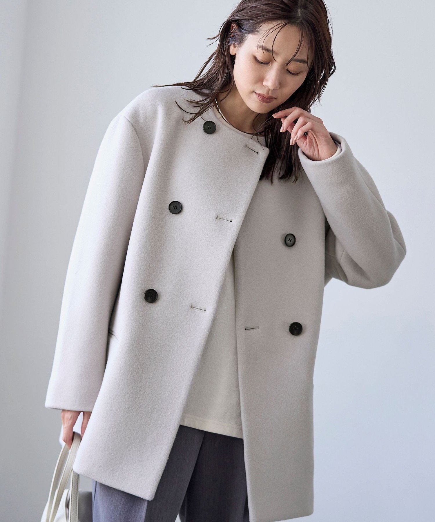 【コーエン/COEN】のノーカラーウールコート インテリア・キッズ・メンズ・レディースファッション・服の通販 founy(ファニー) 　ファッション　Fashion　レディースファッション　Fashion for Women　アウター　Coat / Outerwear Collection　コート・ロングコート・ピーコート　Long Coats, Peacoats & More　コンパクト　Compact, Small Size　ショルダー　Shoulder, Shoulder Strap　ダブル　Double, Double-Breasted　ドロップ　Drop Shoulder, Dropped Style　バランス　Balance, Style Balance　ボトム　Bottoms, Lower Wear　ミドル　Middle Length, Mid Height　おすすめ　Recommended / Our Picks　エレガント 上品　Elegant　LT.GRAY|ID: prp329100004821177 ipo3291000000035037277